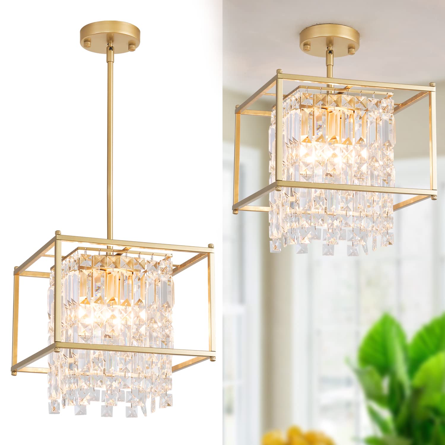 Gold Crystal Chandelier Industrial Pendant Light 11.81 inch Square 4 Lights Modern Vintage Semi Flush Mount Ceiling Light Fixture for Kitchen Island Dining Room Living Room Bedroom