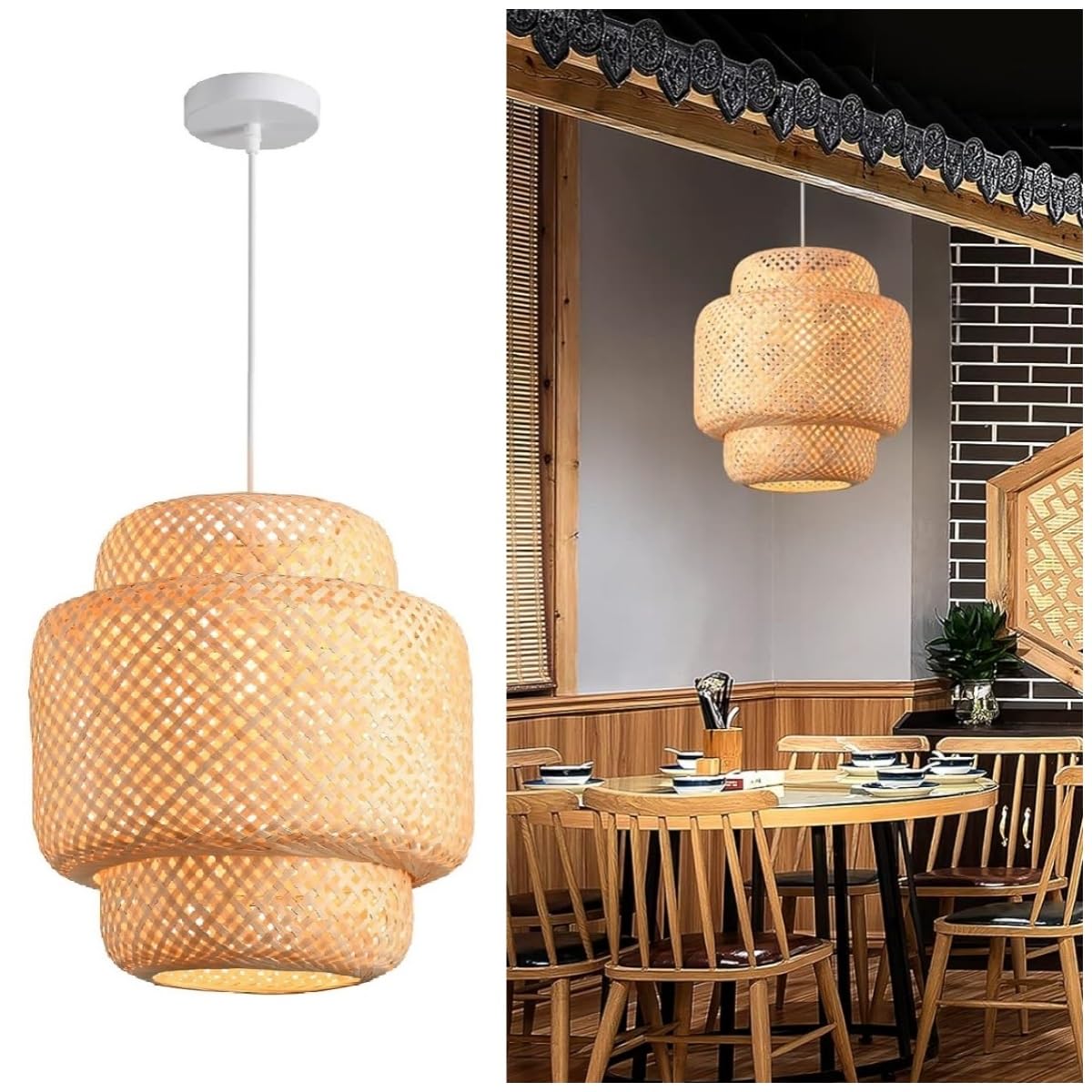 Boho Bamboo Pendant Light, 23.64in Bohemian Hand-Woven Rattan Chandelier Coastal Wicker Lighting Fixtures Hanging Lamp for Kitchen Island Dining Living Room Restaurants Bedroom