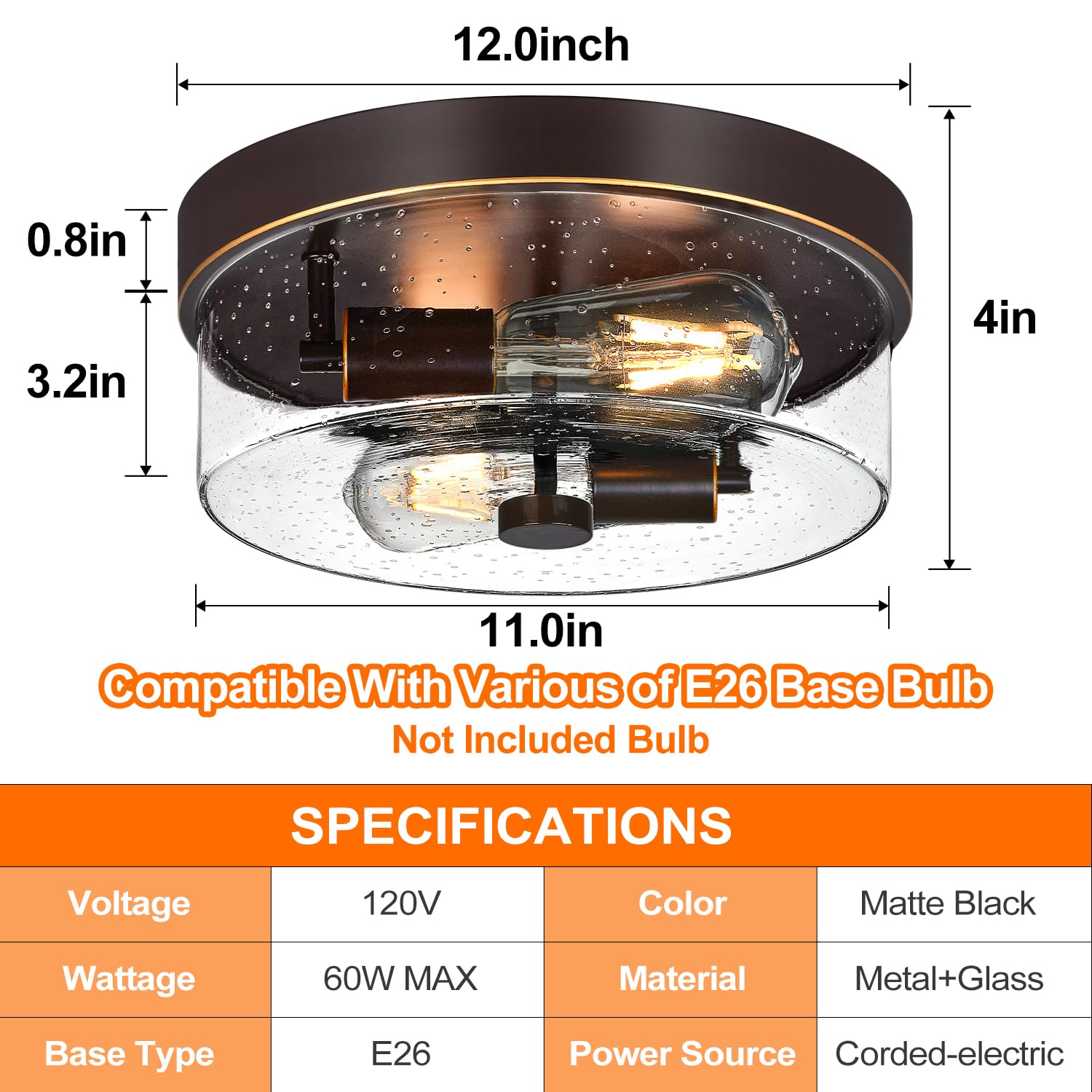 Black Flush Mount Ceiling Light Fixtures, 2-Light Ceiling Mount for Farmhouse with Seeded Glass Lampshade, Industrial Flush Mount Light Fixture Farmhouse for Hallway, Kitchen, Entryway and Foyer