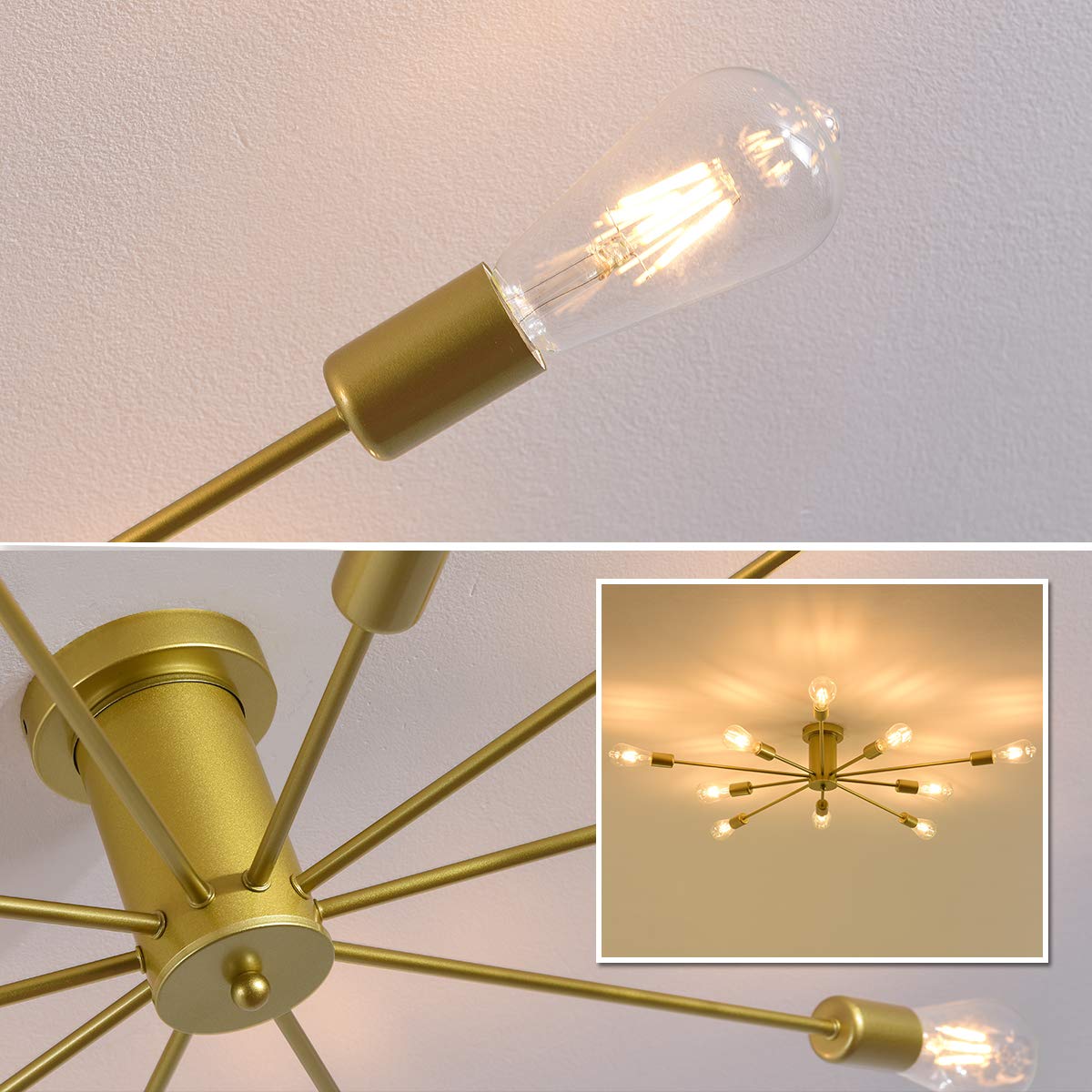 10 Lights Modern Sputnik Ceiling Chandelier Gold Industrial Ceiling Lamp Mid Century Semi Flush Mount Ceiling Light Fixture for Kitchen Dining Room Living Room Bedroom Foyer Lighting