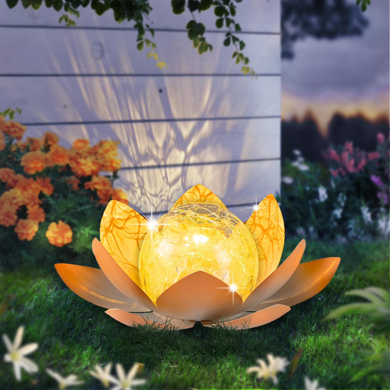 Solar Light Outdoor Waterproof Garden Light Metal Glass Decorative LED Lotus Flower Table Lamp