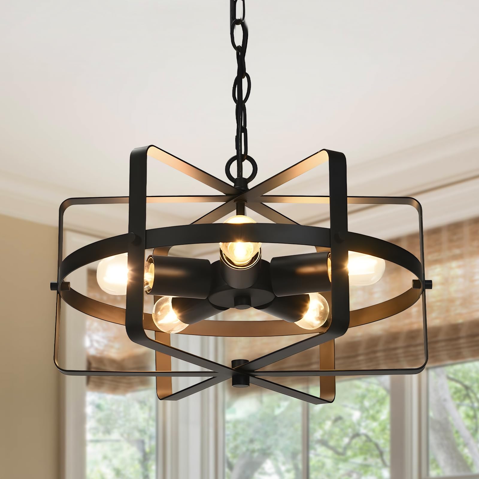 Black Cage Industrial Chandelier,5-Light Metal Drum Shape Ceiling Light Fixture,Vintage Geometric Hanging Chandelier Light for Farmhouse, Entryway, Hallway Foyer,Dining Room, Kitchen Island