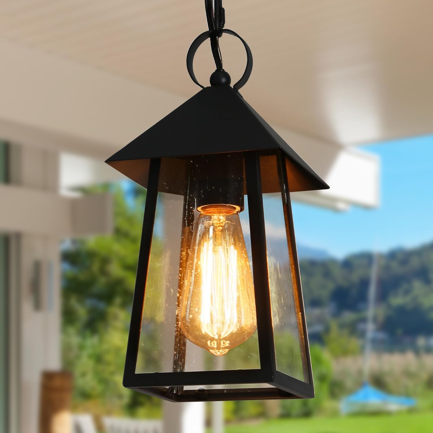 Outdoor Pendant Lights for Porch, Farmhouse Exterior Hanging Front Porch Light Fixture with Adjustable Chain and Seeded Glass Shade for Patio and Entry