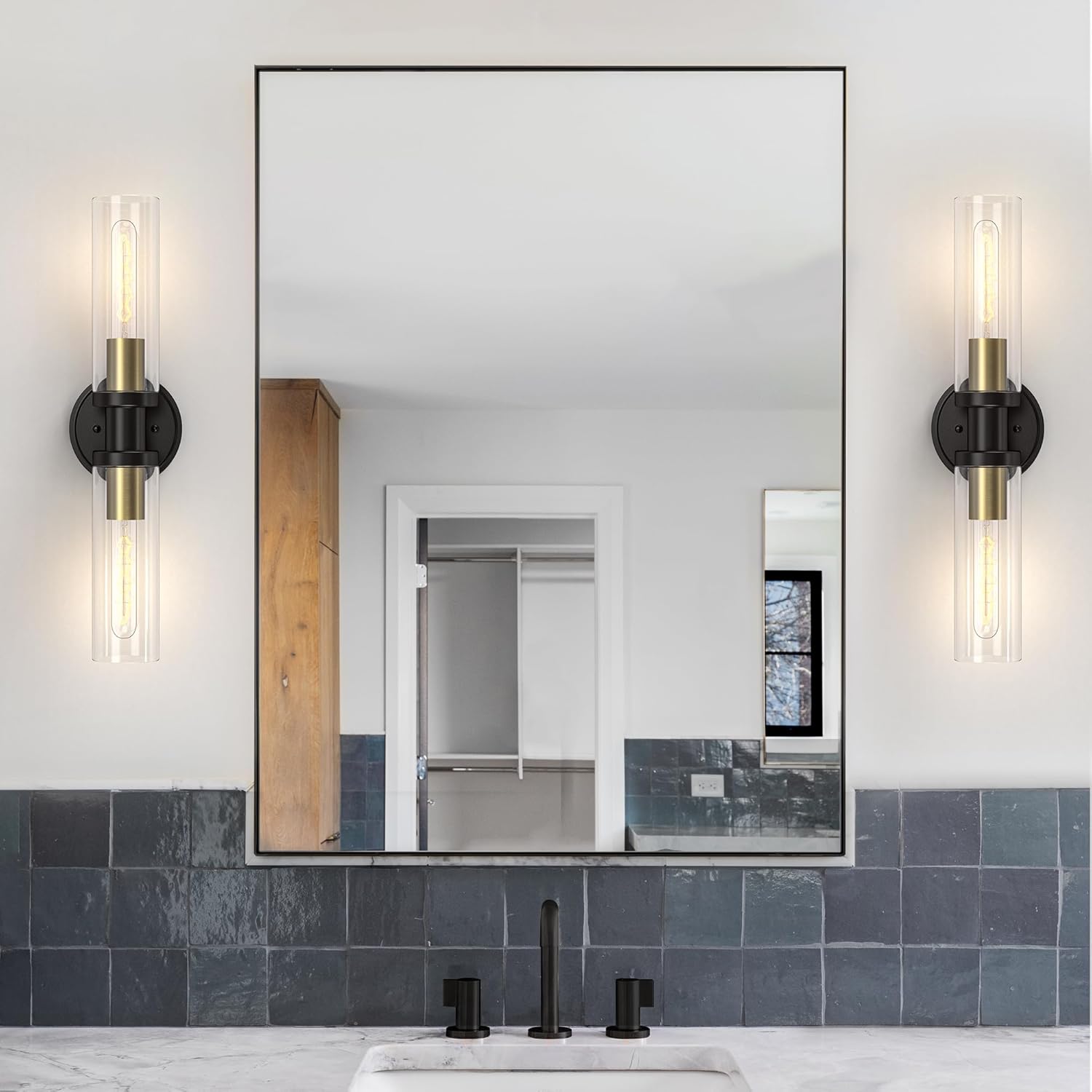 Bathroom Light Fixtures 2-Light Black & Gold, Bathroom Vanity Lights Over Mirror, Wall Sconces, Industrial Bathroom Lighting, Modern Brushed Brass Vanity Lighting Fixtures w/Glass Shades