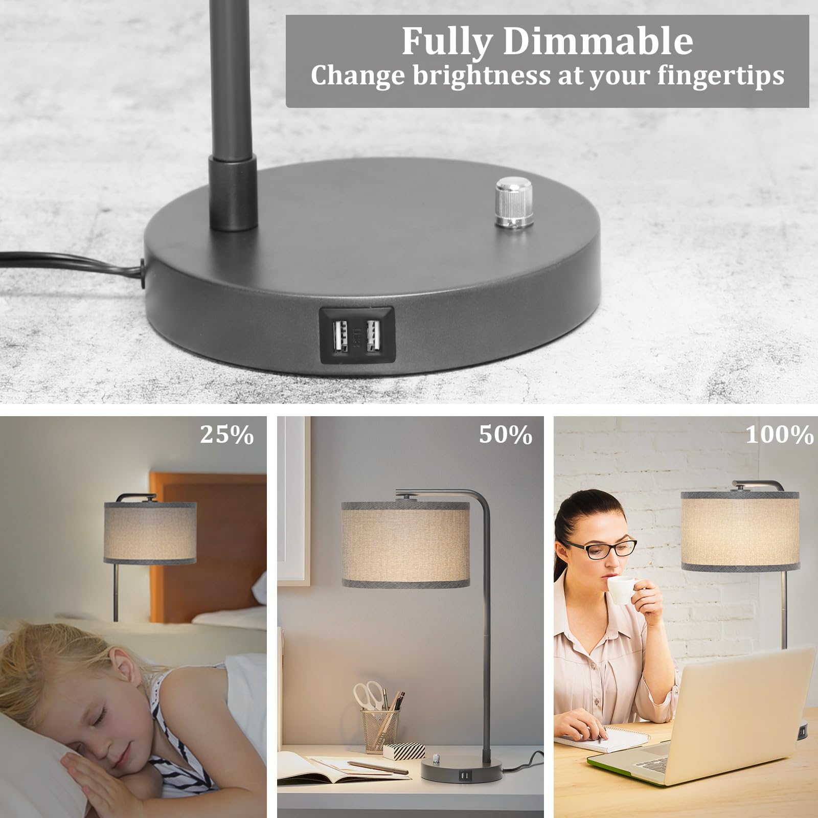 USB Bedside Lamp, Industrial Side Table Lamp with Dual USB Charging Ports, Fully Dimmable Nightstand Lamp, Tall Reading Lamp Desk Lamp for Bedroom, Living Room, Office, 9W LED Bulb Included