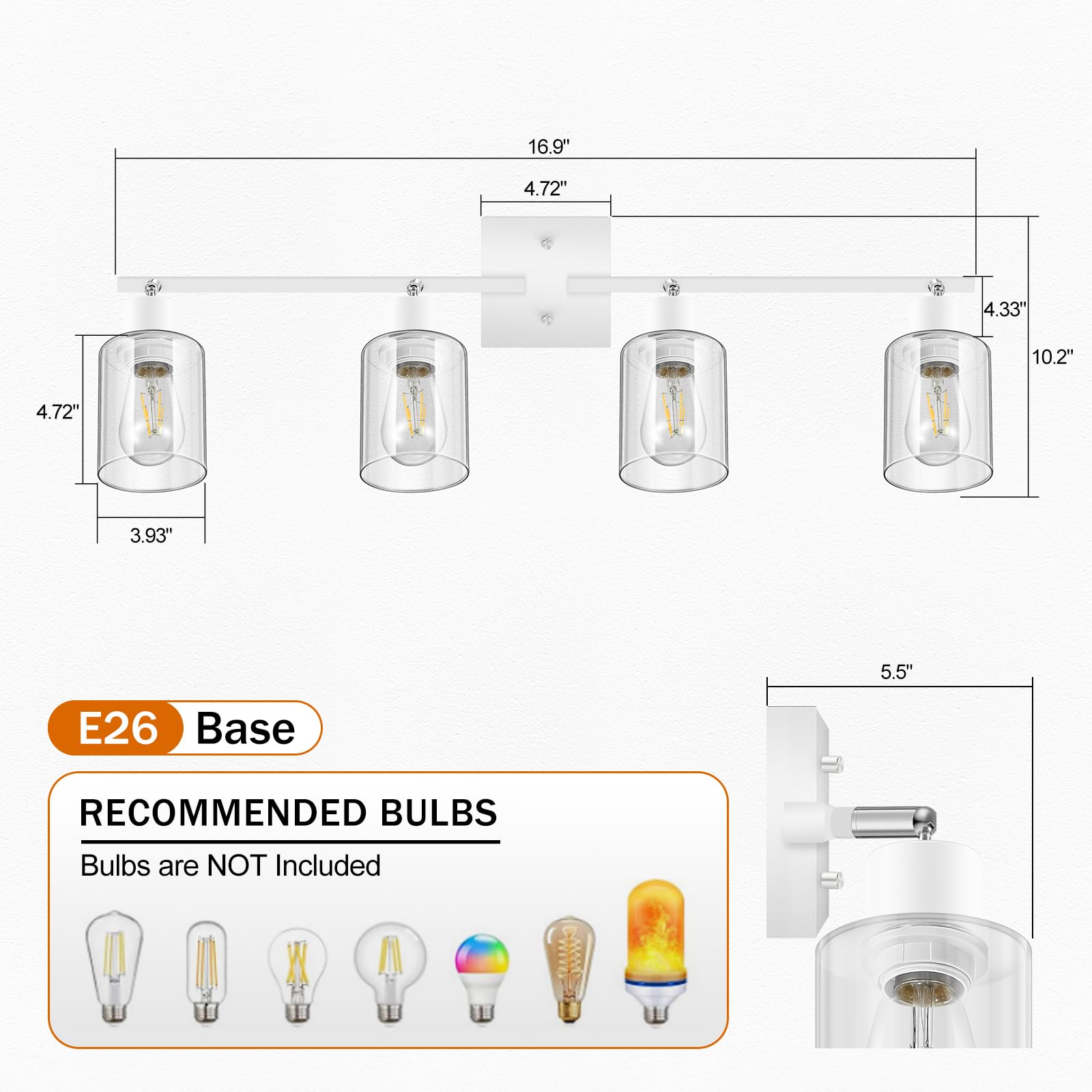 LED 4 Light Track Lighting Kit, 4 Way Ceiling Spot Lighting with Glass Lampshade, Flexibly Rotatable Light Head for Kitchen, Living Room, Bedroom, Bulb Not Included