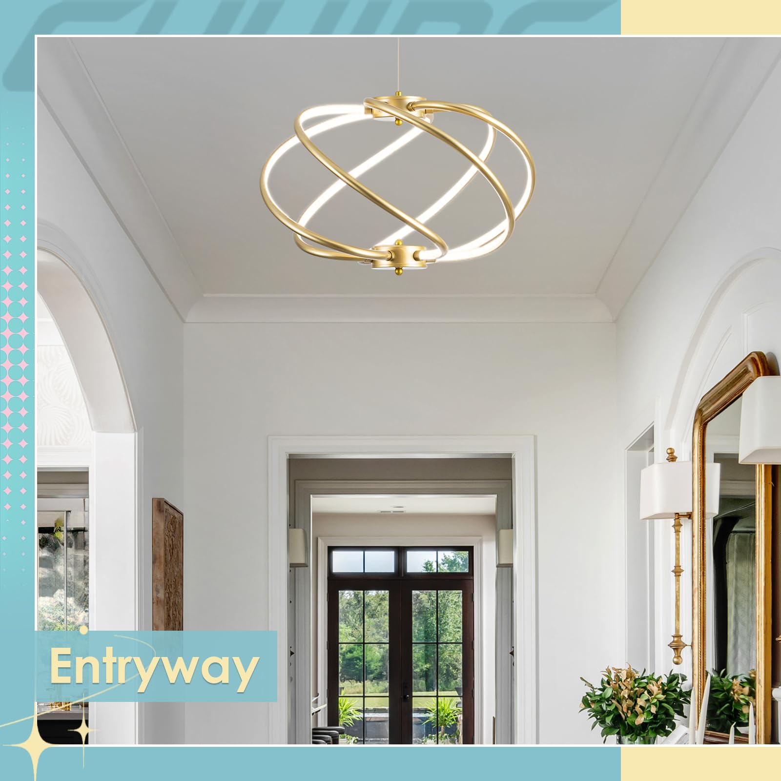 Modern LED Chandelier Gold Pendant Light Dimmable Contemporary Chandeliers for Dining Room Kitchen Living Room Foyer Entryway 3000K-6000K