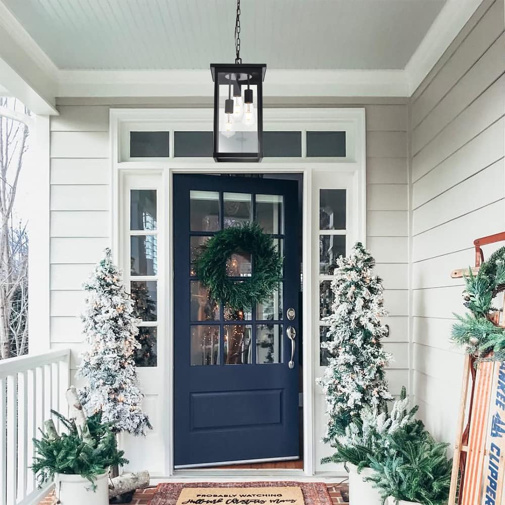 3-Lights Large Outdoor Pendant Light, Black Porch Ceiling Lighting Fixtures with Seeded Glass Panel, Exterior Hanging Lantern Adjustable Chain for Yard Entryway Patio