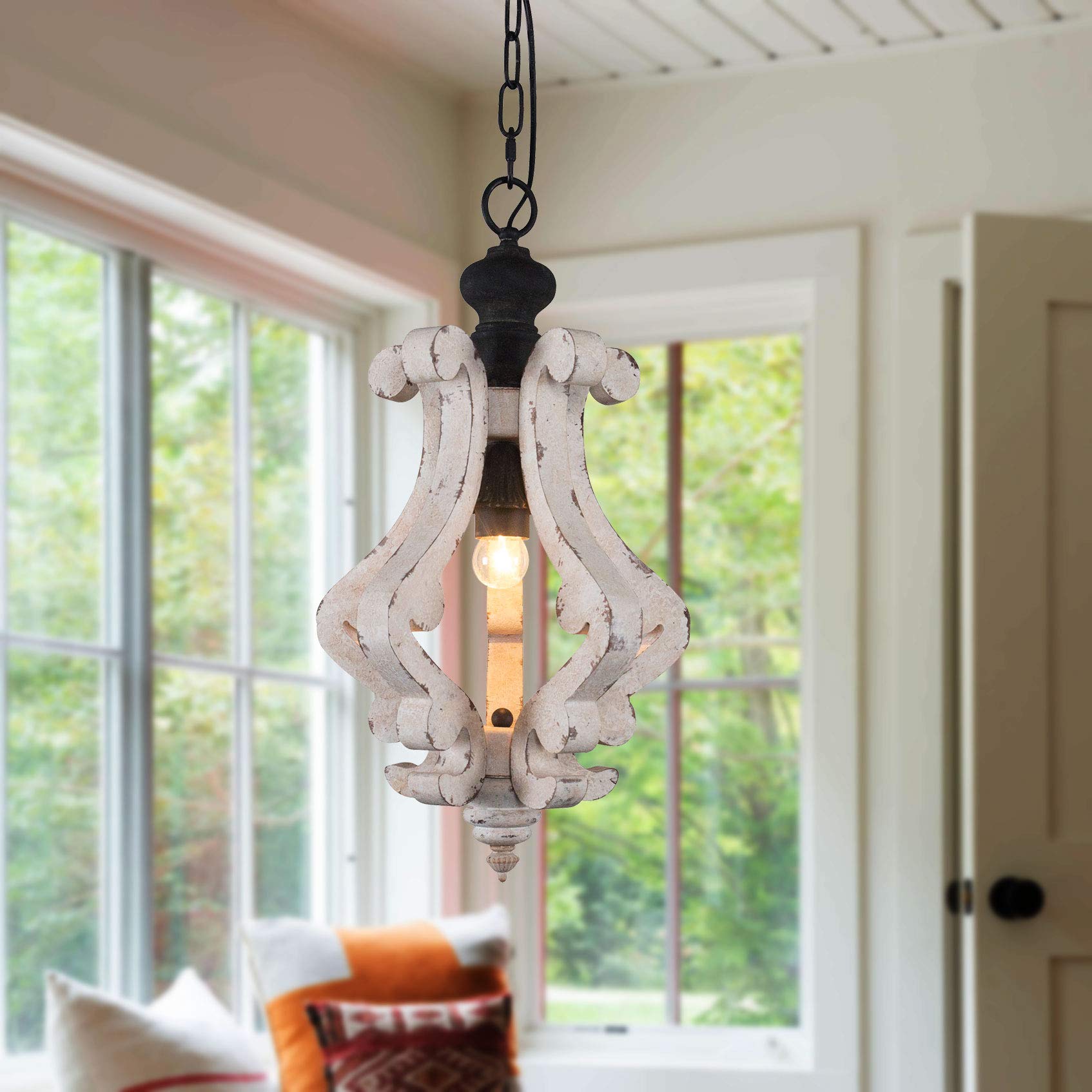 Cottage Wooden Chandelier, 6 Candle Light Farmhouse Chandelier, French Country Chandeleir with Adjustable Chain for Dining Room, Kitchen,Bedroom, Foyer and Entryway