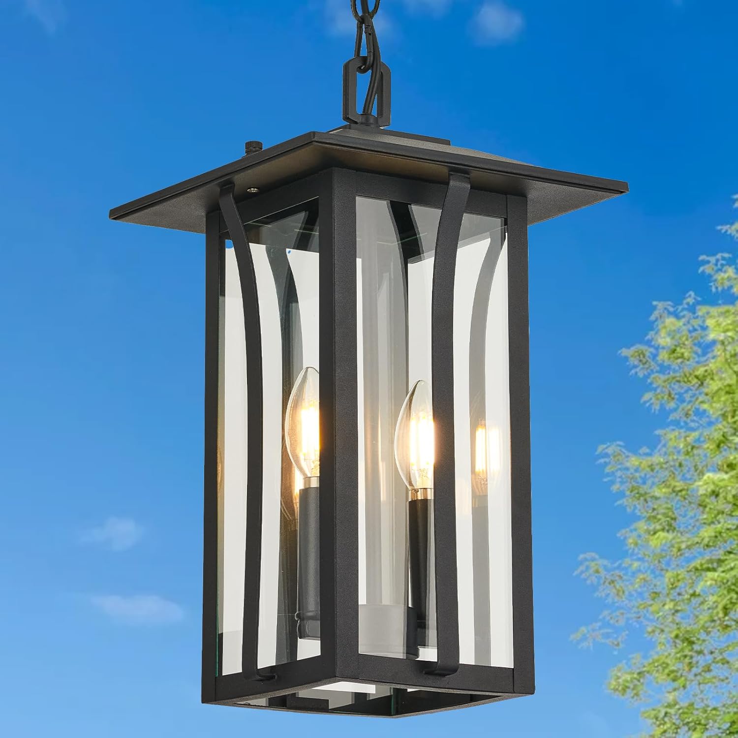 Outdoor Pendant Lights for Porch,Exterior Hanging Light Fixtures,Outdoor Lantern Pendant Light in Textured Black Finish w/Clear Glass Panel - 2451-1H