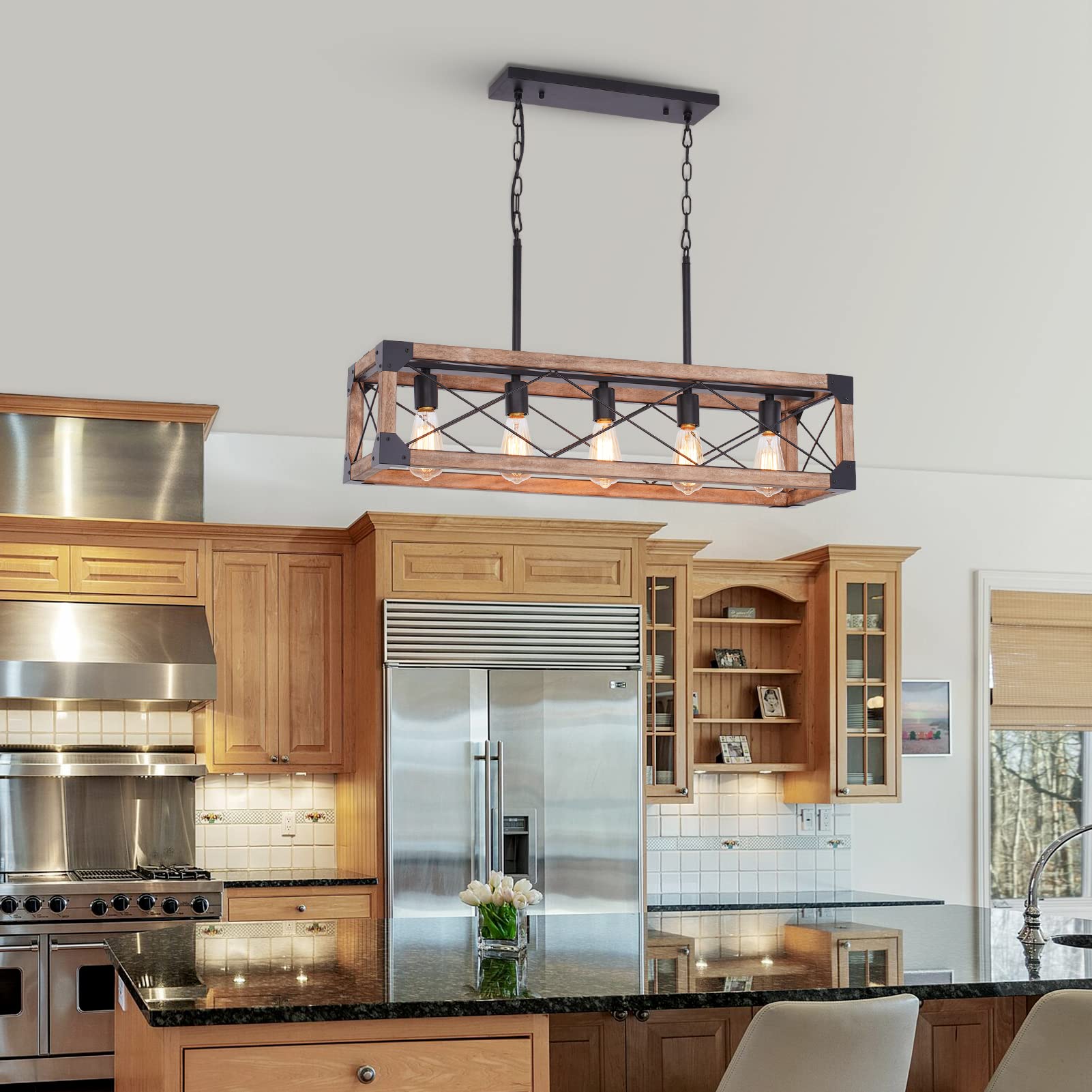 Rattan Farmhouse Chandeliers for Dining Room, Boho Kitchen Island Lighting, 5-Light Linear Chandelier Rectangle Pendant Lighting, Rustic Wood Chandeliers Black Hanging Light Fixtures for Living Room