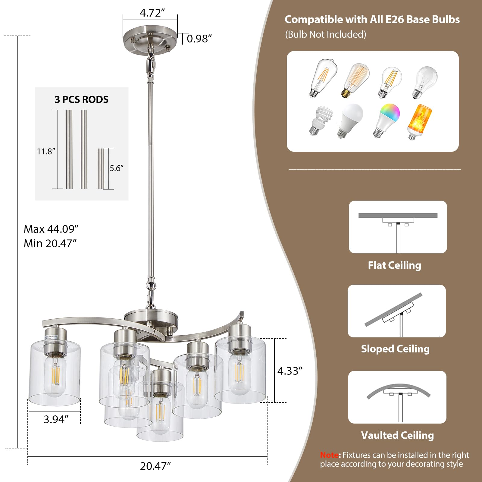 Brushed Nickel Modern Farmhouse Chandelier 6 Light Chandeliers for Dining Room Hanging Light Fixture with Clear Glass Shade, Bedroom Ceiling Light Fixture for Living Room Kitchen Hallway Foyer