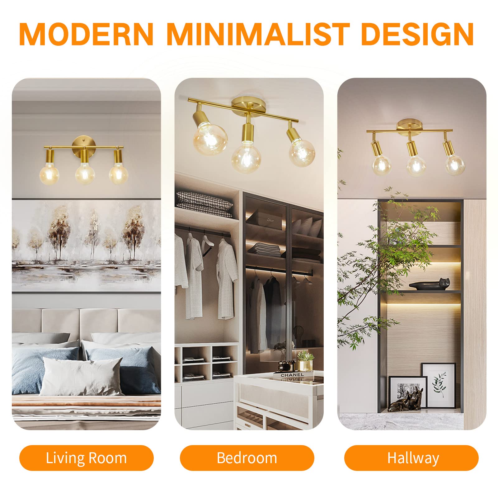 4 Lights Track Lighting Fixtures Ceiling, Flush Mount Gold Track Lights Kit, Modern Directional Kitchen Ceiling Lamp with Flexibly Adjustable E26 Light Heads, for Living Room, Office