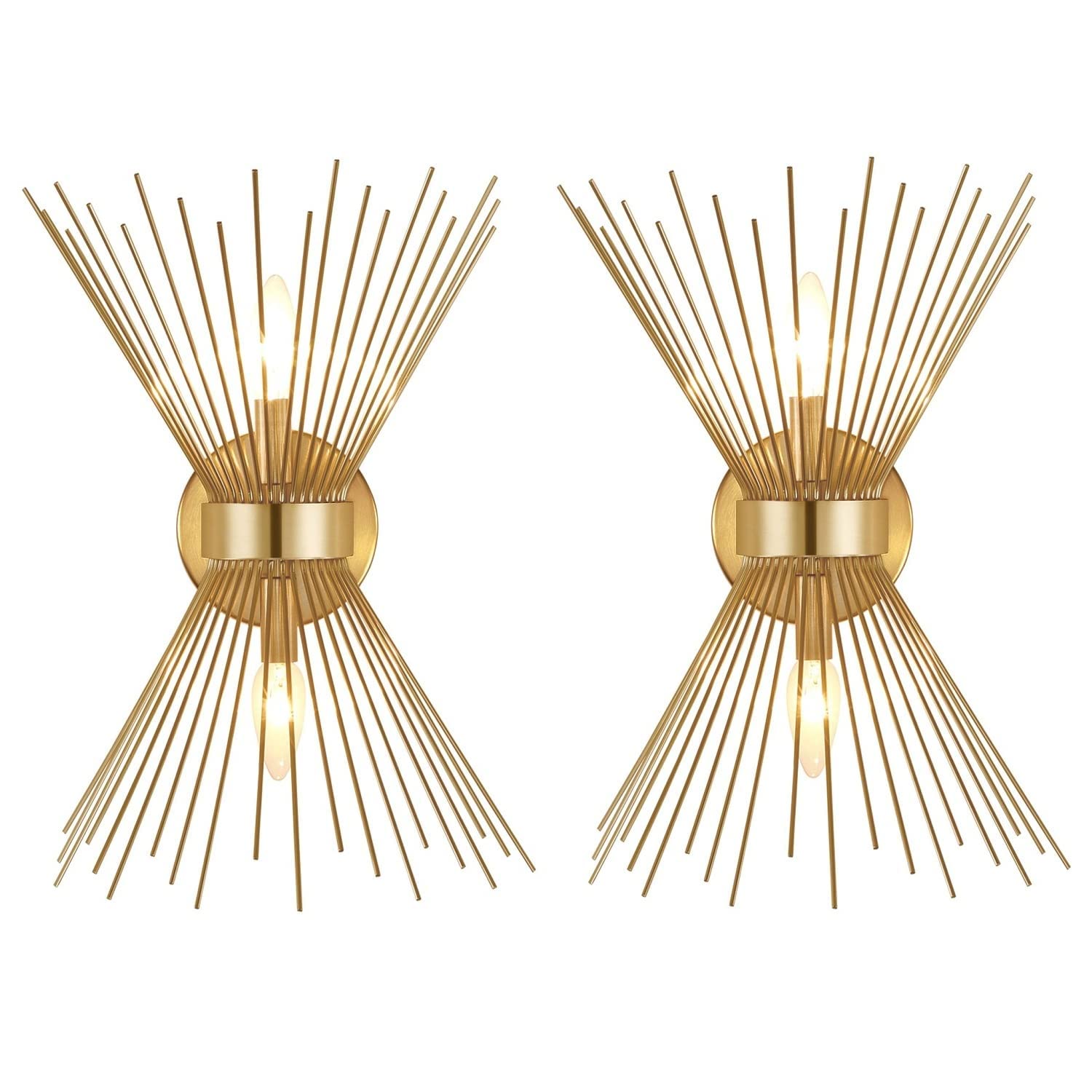 2 Pack Gold Wall Sconce, Starburst Wall Sconces Set of Two Over Mirror, Mid Century Modern Light Gold Brass Bathroom Light Fixtures for Living Room, Bedroom