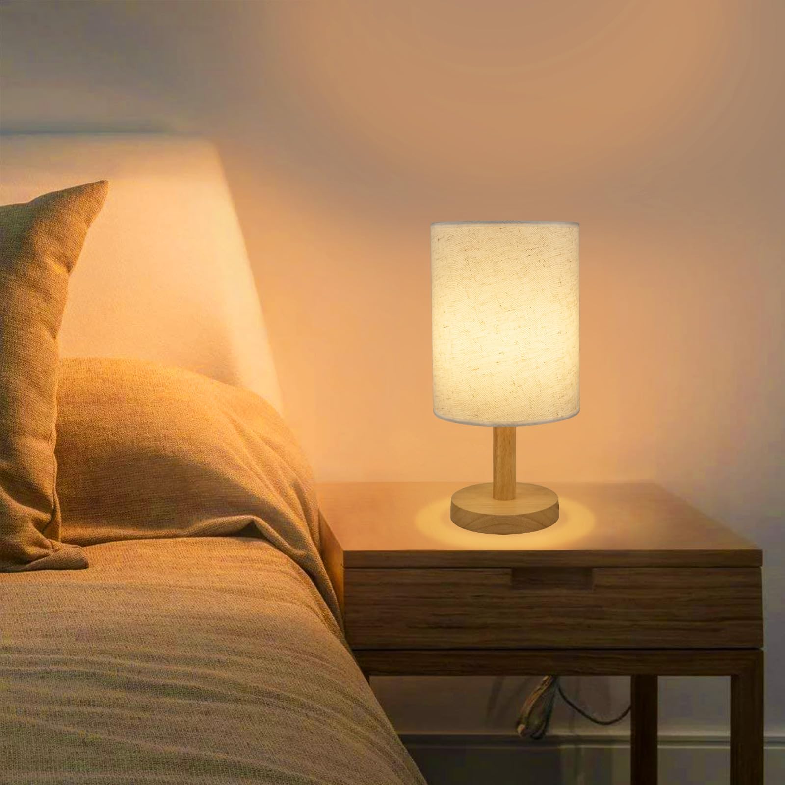 Small Bedside Night Table Lamp for Bedroom, Minimalist Nightstand Lamp with Round Fabric Linen Shade, Study Reading Desk Lamp for Kids Room, Living Room, College Dorm, Home, Office