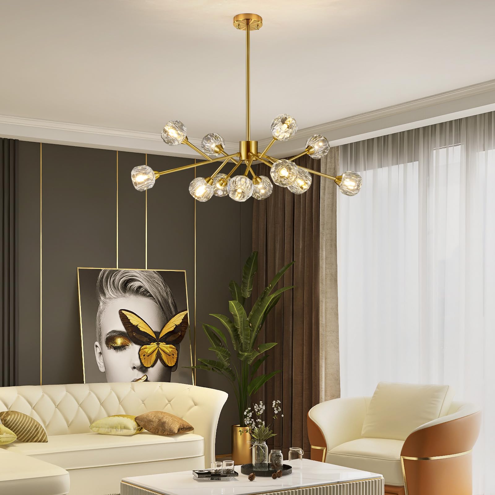 Sputnik Chandeliers for Dining Room Light Fixture, Modern Crystal Chandeliers, 9 Lights Gold Chandelier for Living Room Bedroom, Dining Room Chandelier Over Table, Kitchen Light Fixtures