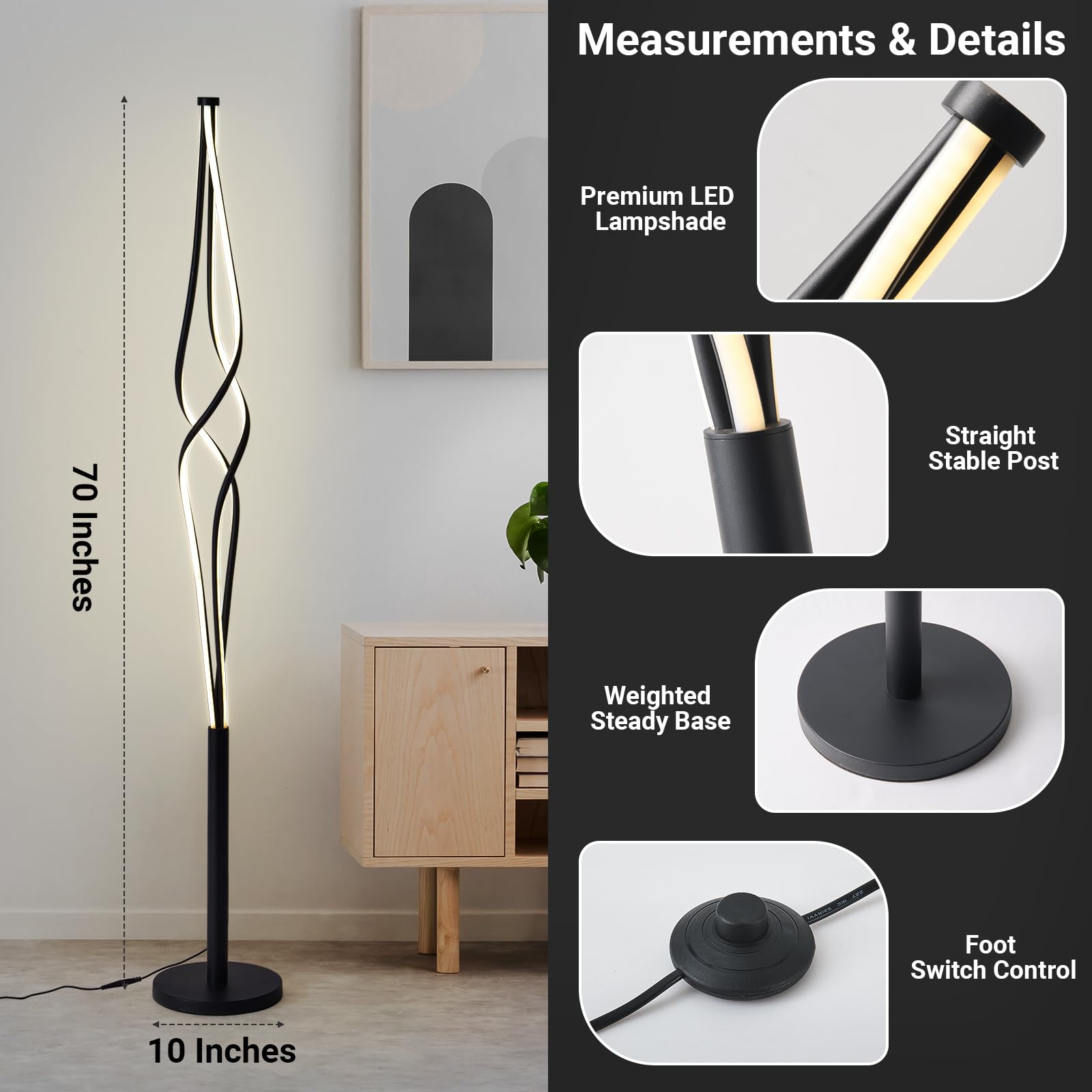 Spiral Floor Lamps for Living Room 70 Inch LED Floor Lamp for Bedroom 34W Dimmable Modern Floor Lamp with Remote Control 3 Color Temperature Black Corner Floor Lamp