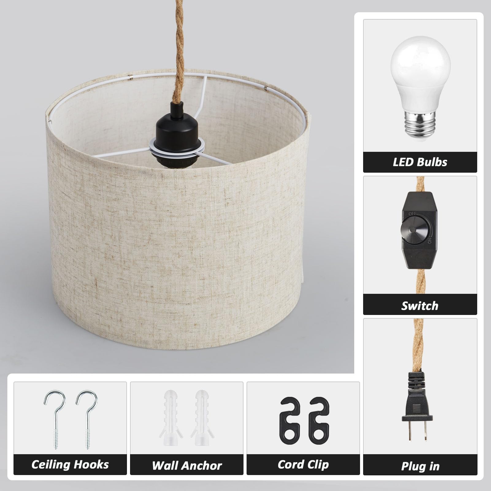 Plug in Pendant Light, Hanging Light with Plug in Cord with Dimmable Switch, Hanging Lamp with 15ft Hemp Rope, Beige Linen Shade, Hanging Light Fixture for Bedroom, Living Room 2 Pack