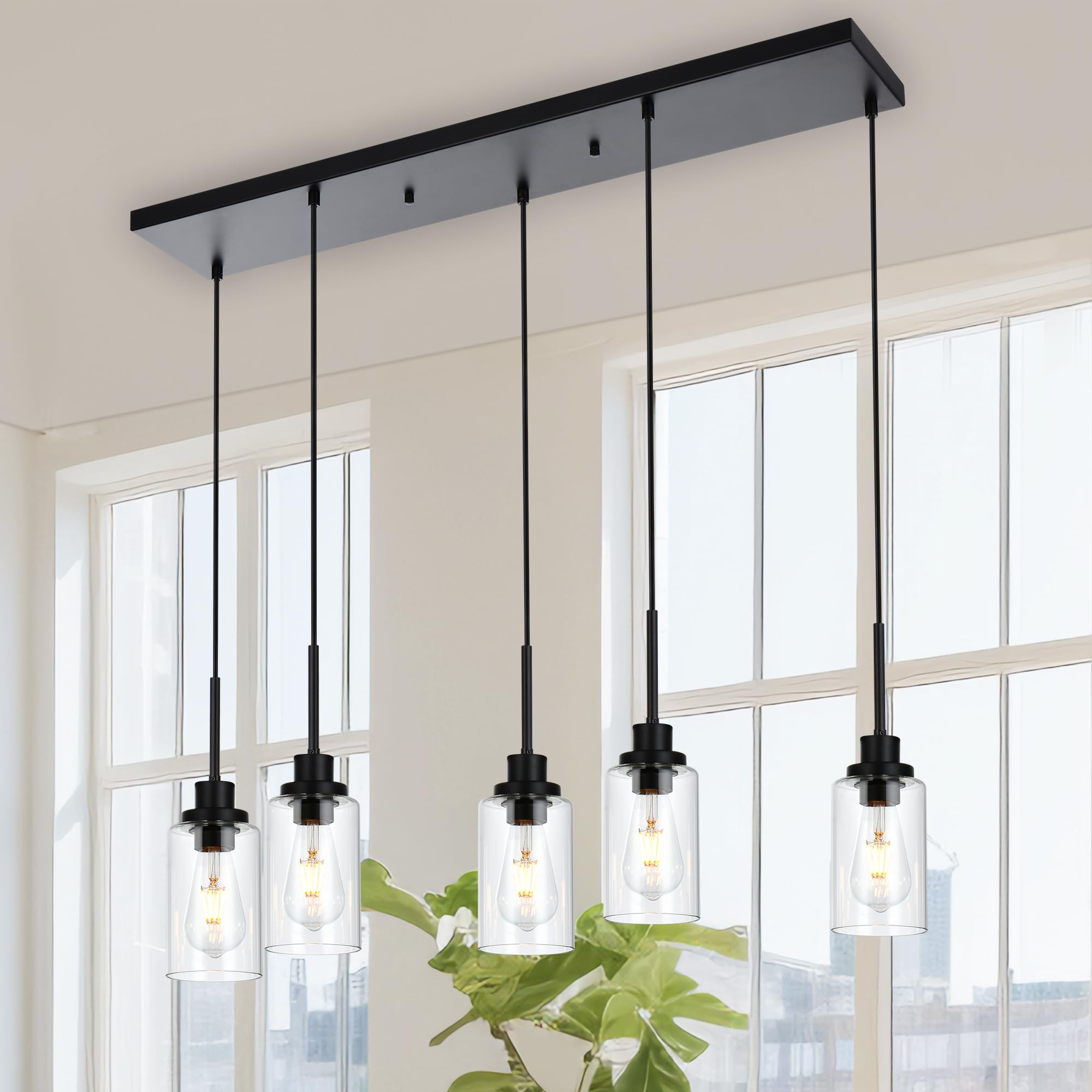 Black Pendant Lights for Kitchen Island, 5-Light Dining Room Light Fixtures Linear Chandeliers with Clear Glass Shade, DIY Hanging Lamp Ceiling for Dining Room Kitchen Bar