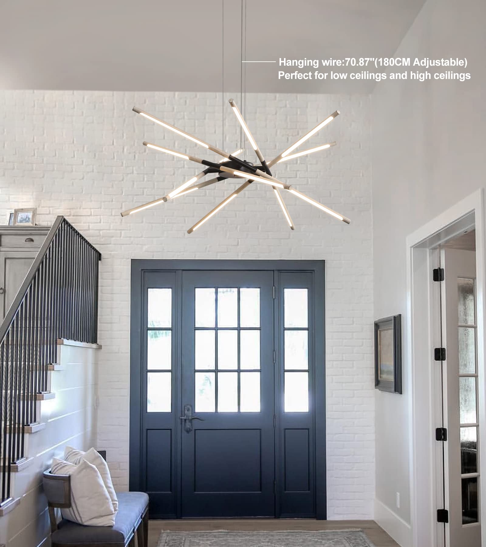 Modern LED Chandeliers for Dining Room,Black and Oak White Farmhouse Sputnik Dimmable Chandelier with Remote for Living Room Kitchen Office Hotel Restaurant Lobby