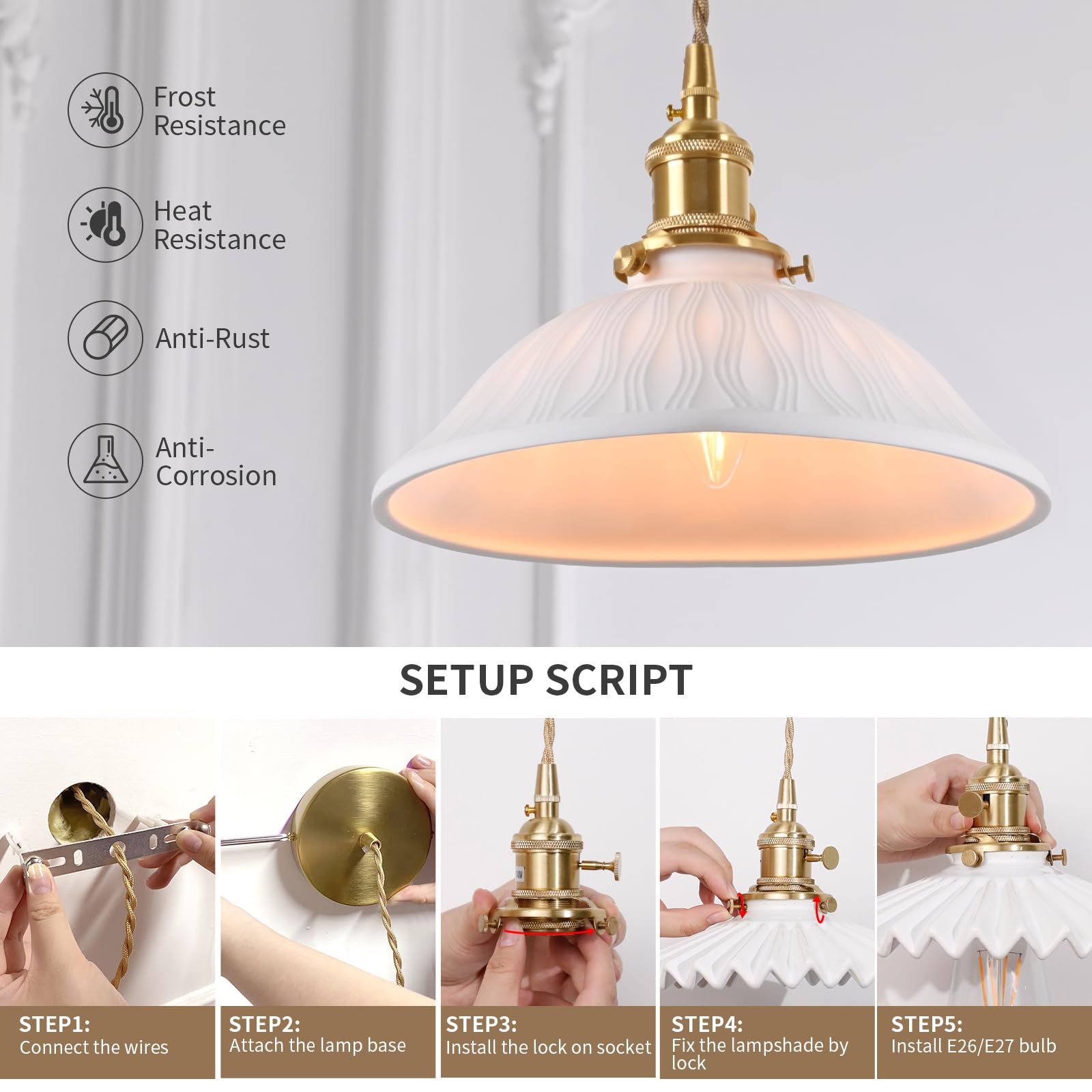 Pendant Light with White Pleated Ceramic Lmapshade, Brass Vintage Pendant Light Adjustable Hanging Light for Kitchen Island Dining Room Hallway 7.87 Inch Diam