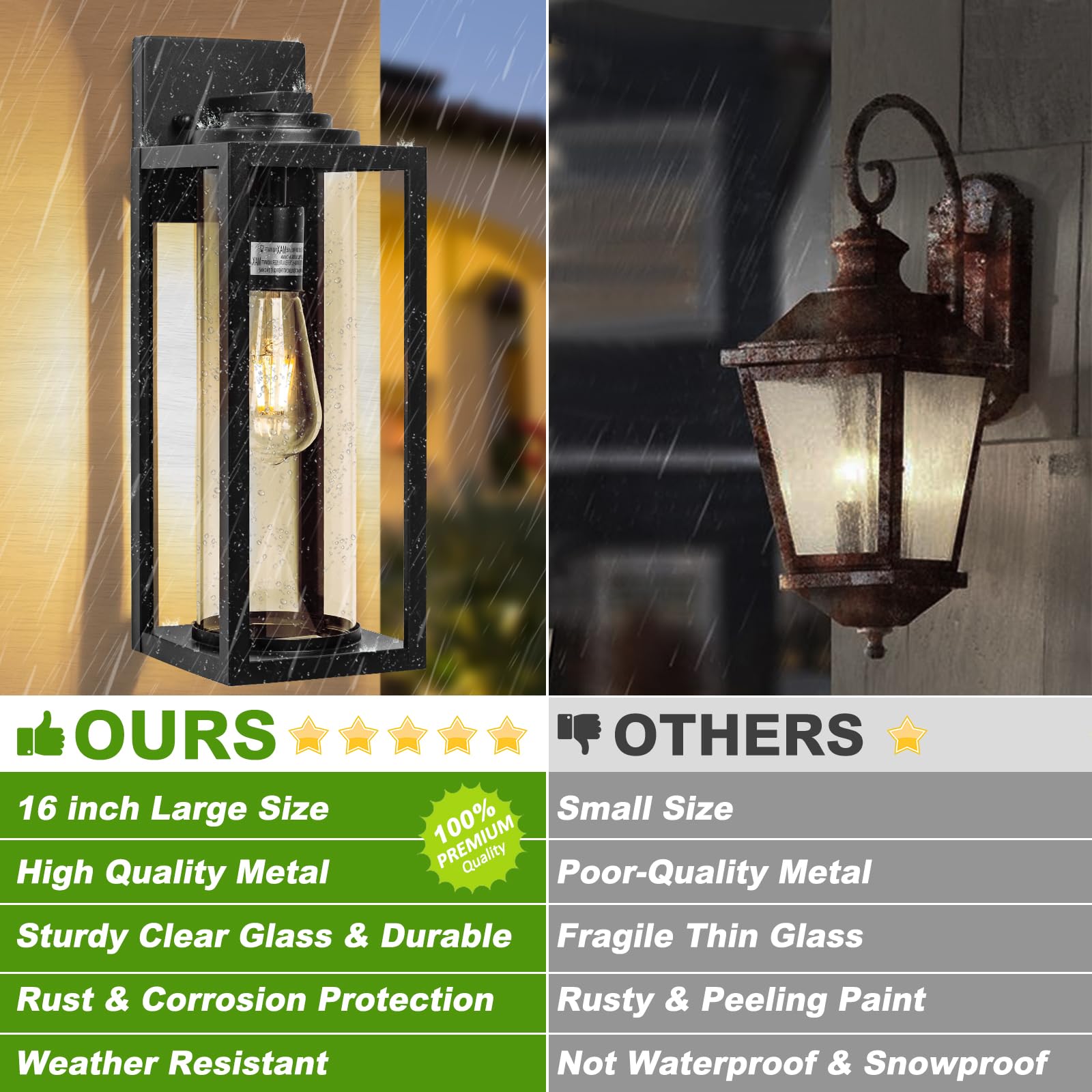 16inch Large Outdoor Wall Lights - 2 Packs Modern Black Exterior Light Fixture with Clear Glass Shade, Waterproof Porch Lighting for House, Farmhouse Sconces Lantern for Front Door, Garage