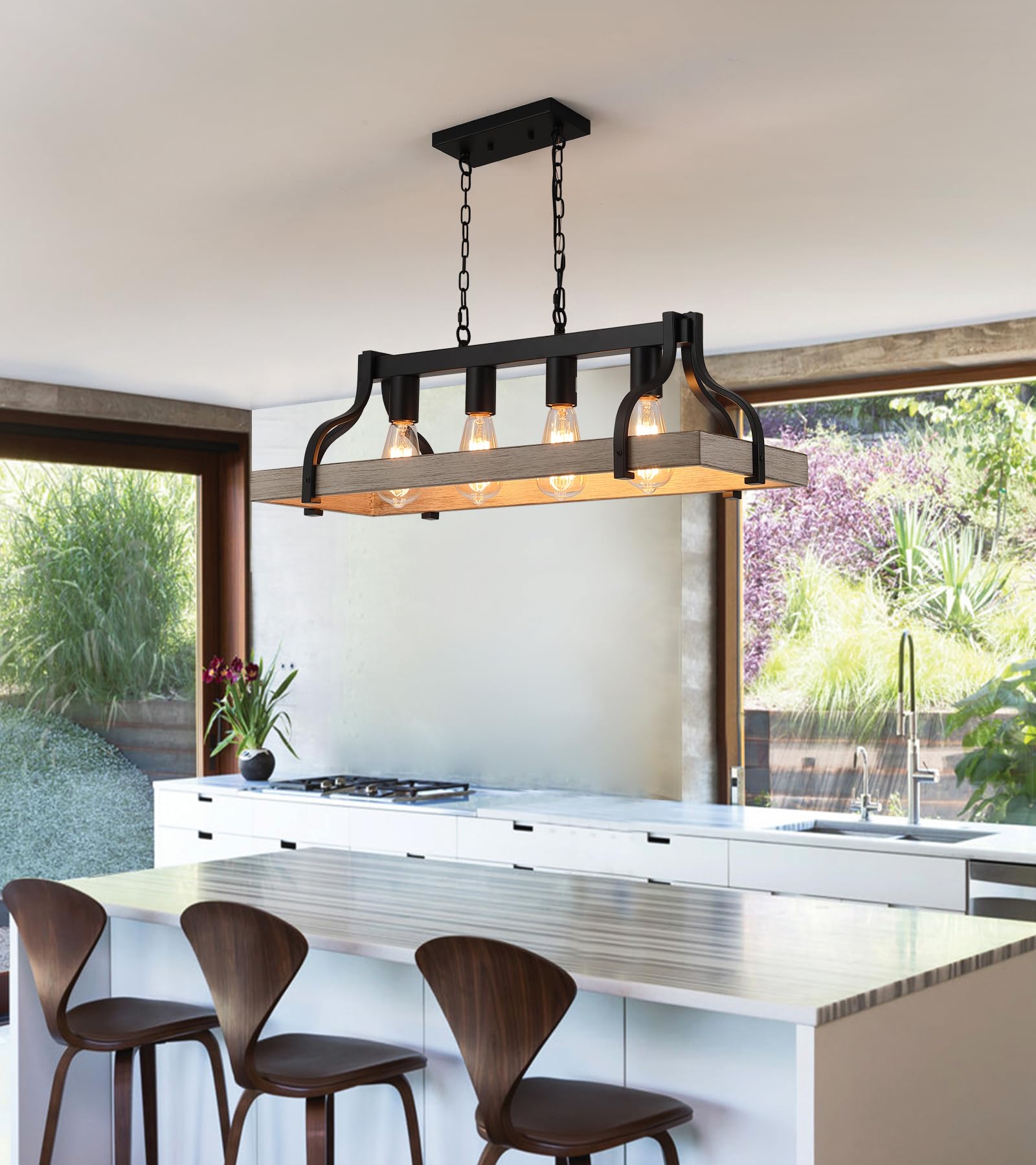 Rustic Kitchen Island Dining Room Light Fixture Farmhouse Linear Chandelier Black and Retro Wood Finish 5-Light Industrial Metal Hanging Pendant Light UL Listed L33.5 W10.6