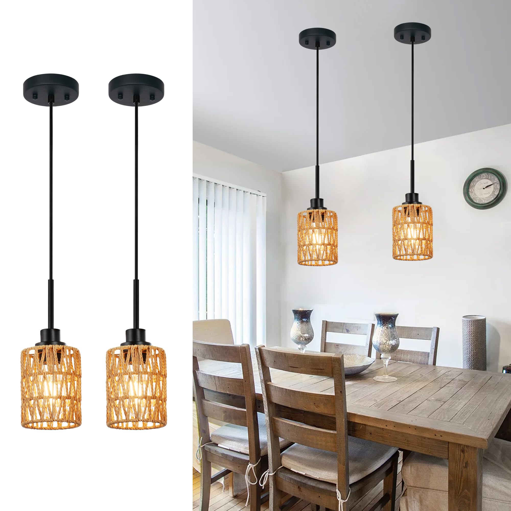 2 Pack Rattan Hanging Light Fixture Boho Pendant Light Black Adjustable Dining Table Light Fixture with Rattan Lamp Shade, Set of Two Mini Pendant Lighting for Kitchen Island Hallway Stair