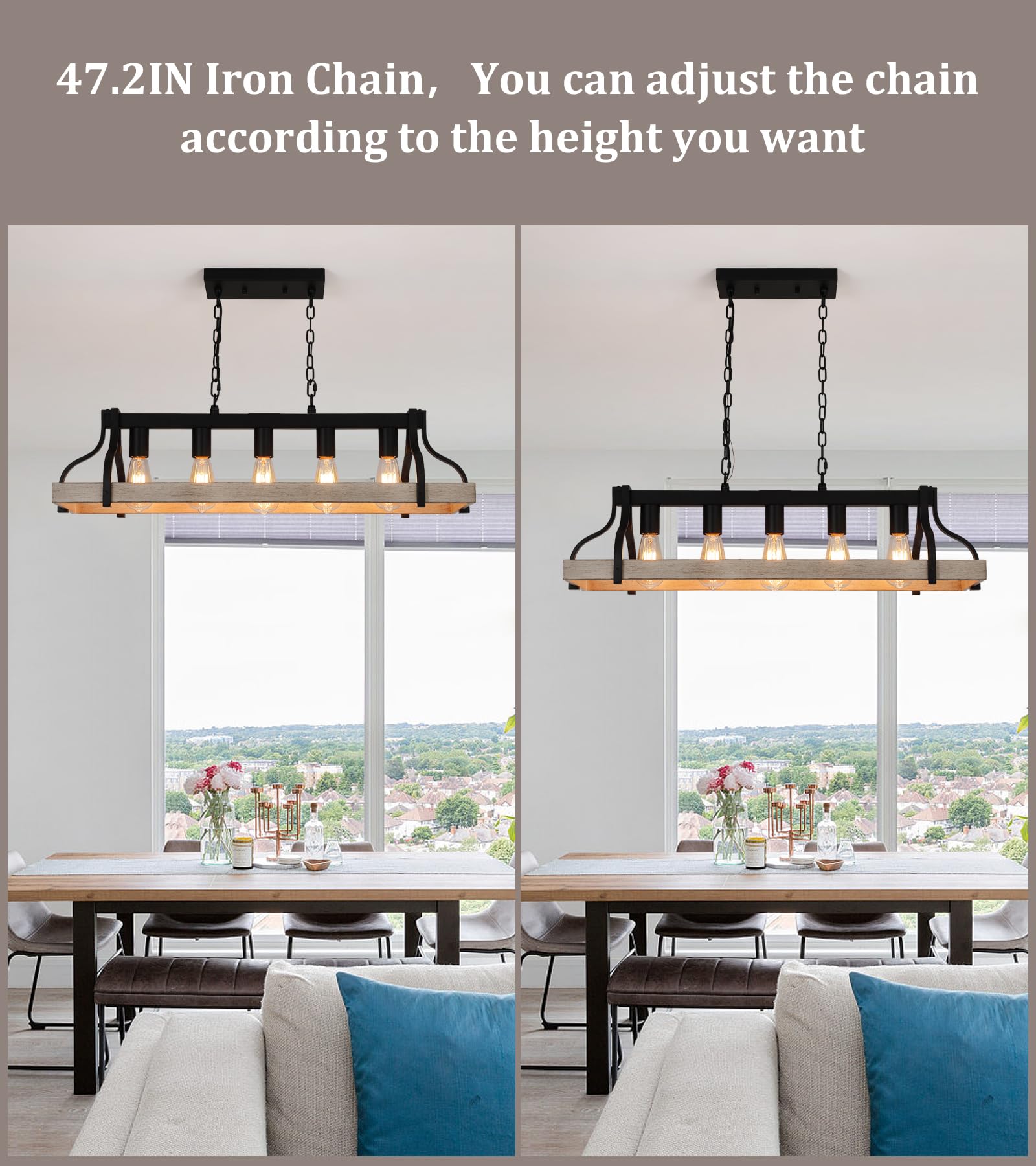 Rustic Kitchen Island Dining Room Light Fixture Farmhouse Linear Chandelier Black and Retro Wood Finish 5-Light Industrial Metal Hanging Pendant Light UL Listed L33.5 W10.6