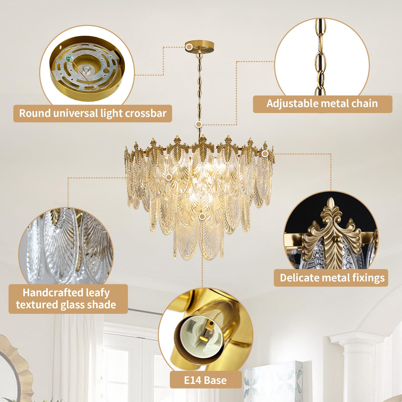 Antique Chandeliers 3-Layer Crystal Glass Chandelier, 9-Lights Round Pendant Light 23.6" Brushed Brass Gold Adjustable Height, Applicable to Dining Room, Bedroom, Living Room, Foyer, Kitchen Island