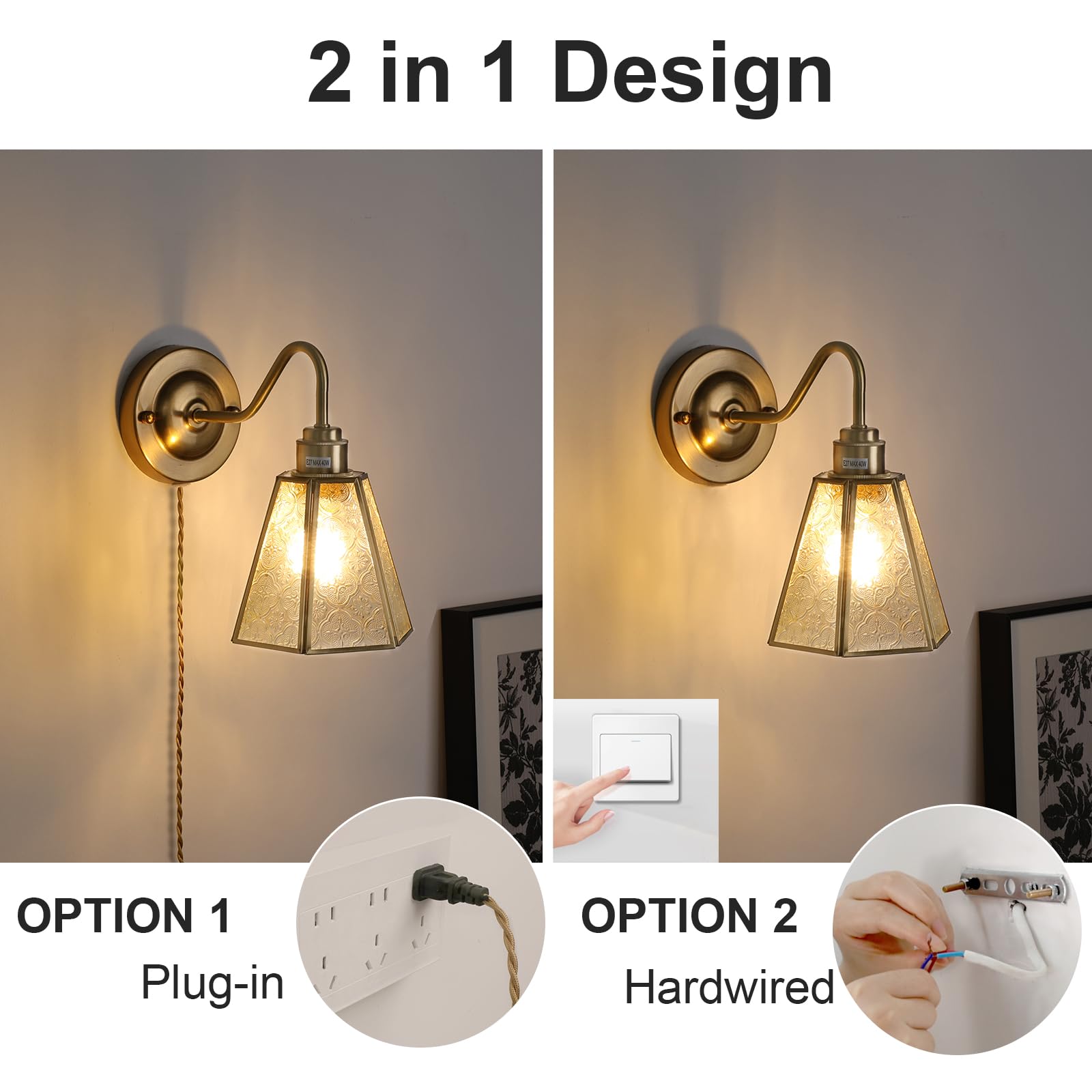 Wall Sconce, Wall Mounted Lamps with Green Checker Sconce, Stained Glass Shade Brass Wall Lights Fixture with Plug in Cord and Switch for Bedroom Bathroom Living Room Hallway