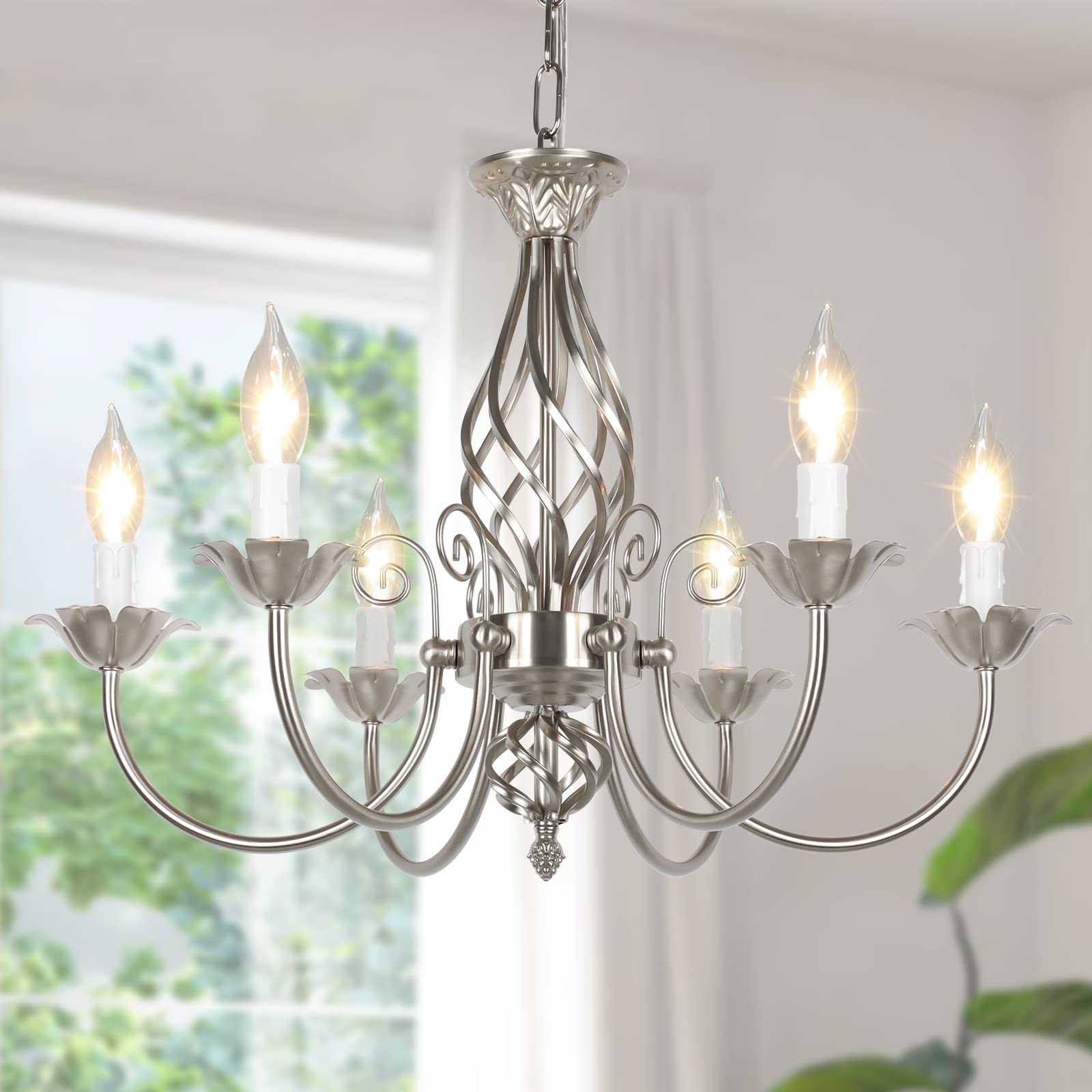 6-Light Farmhouse Candle Chandelier for Living Room, Rustic Industrial Pendant Ceiling Light fixture, Vintage Hanging Lamp for Bedroom Hallway Kitchen Dining Room Foyer, Matte Black E12 Socket