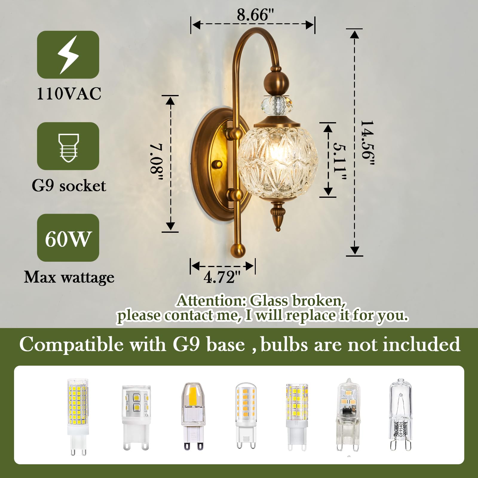 Vintage Gold Wall Sconce with Glass Globe Shade Mid Century Brushed Brass G9 Bulb Vanity Light Indoor Wall Light for Bathroom Farmhouse Bedroom Living Room Hallway