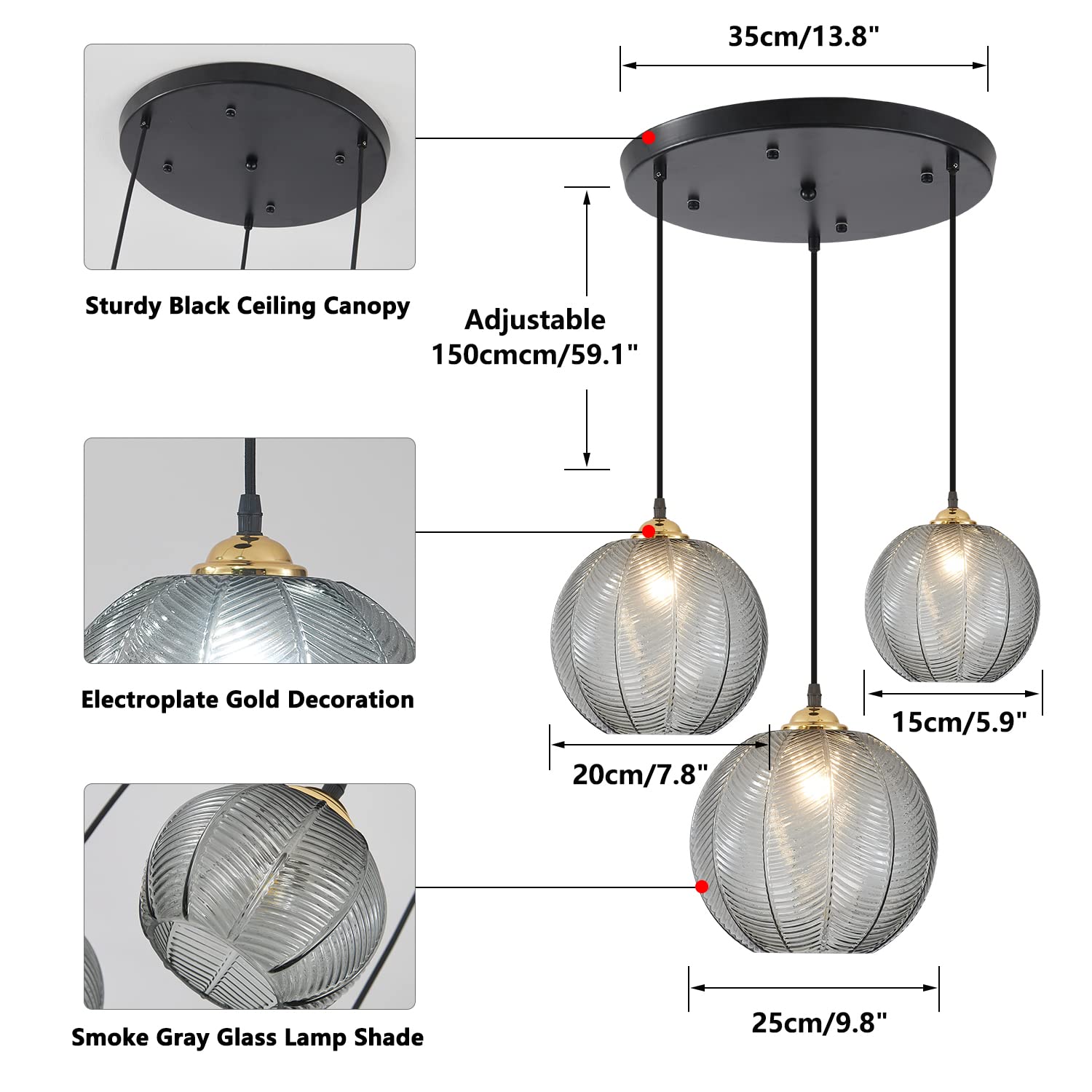 KCO Lighting 3-Lights Smoke Gray Glass Pendant Light Black Globe Round Cluster Chandelier Mid-Century Modern Multi Light Pendant Lighting Nordic Kitchen Island Light Fixture