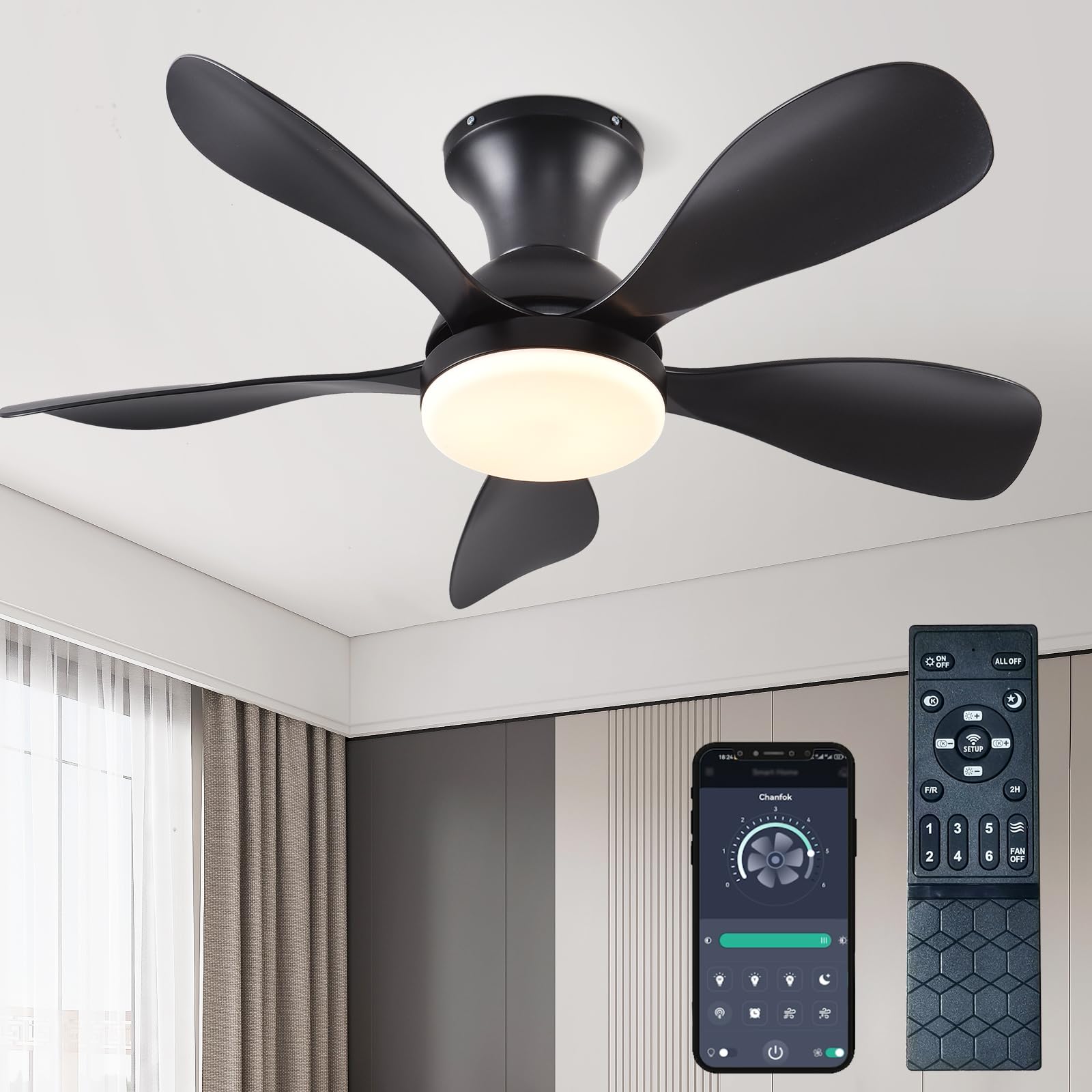 33In Black Low Profile Ceiling Fans with Lights and Remote/APP Control, Modern Flush Mount Ceiling Fan with 5 Reversible Blades for Outdoor Patio,Small Room,Bedroom…