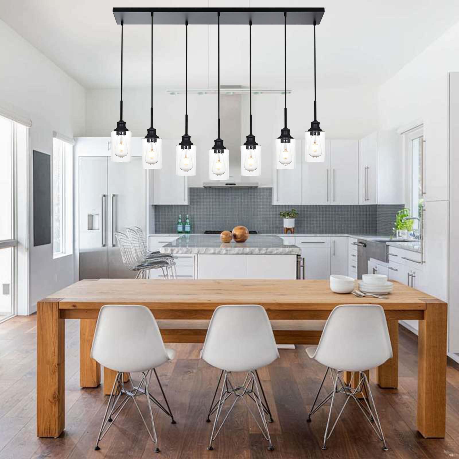 3-Light Kitchen Island Pendant Light Fixtures Hanging Black Farmhouse Pendant Lighting Cluster with Clear Glass Shade, Modern Industrial Linear Chandeliers Light for Dining Room Foyer Hallway