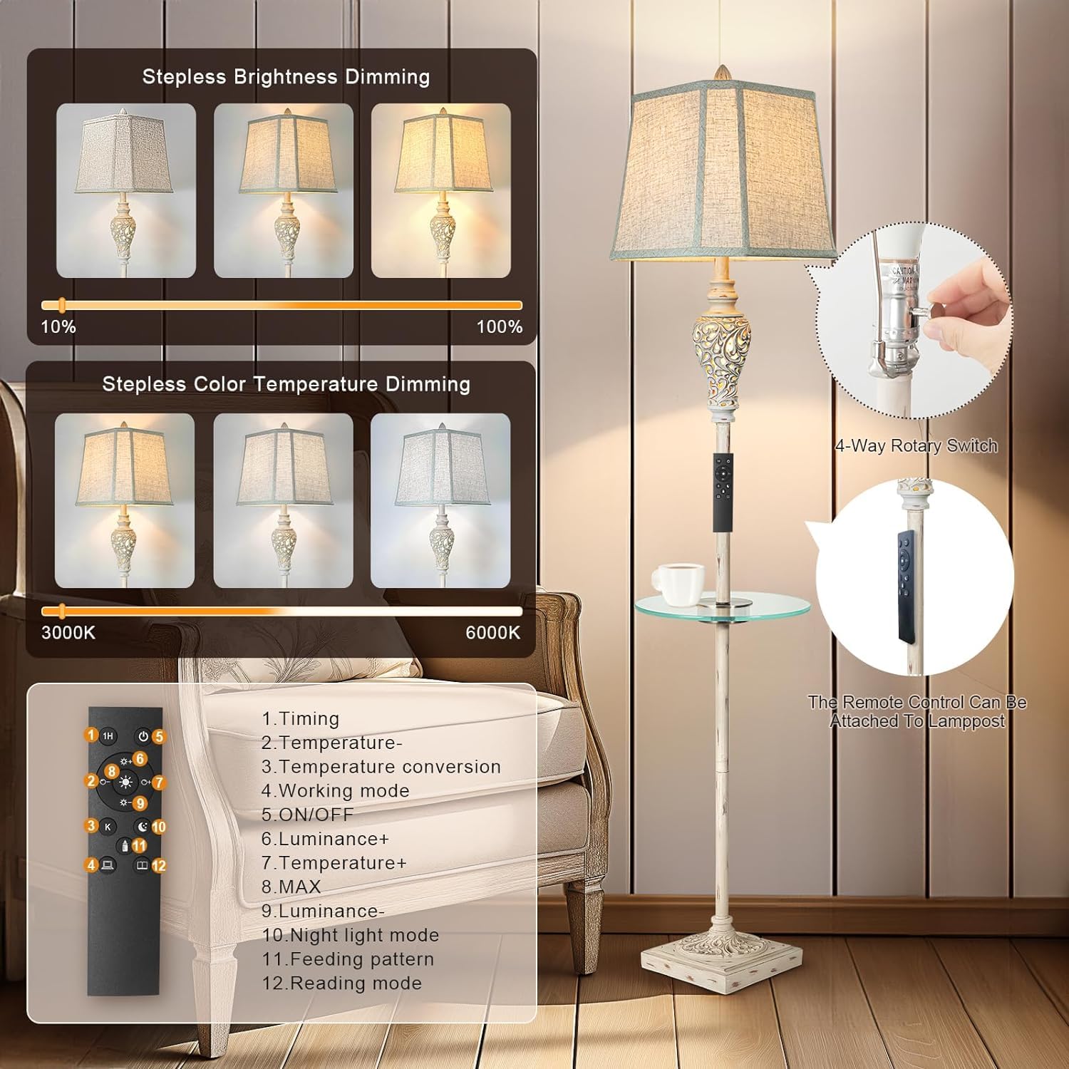 Rustic Floor Lamp, Living Room Lamps with Glass Tray, stepless diming Floor Lamp with Remote Control and USB A&C Charging Ports for Living Room Bedroom Office Smart Bulbs Included