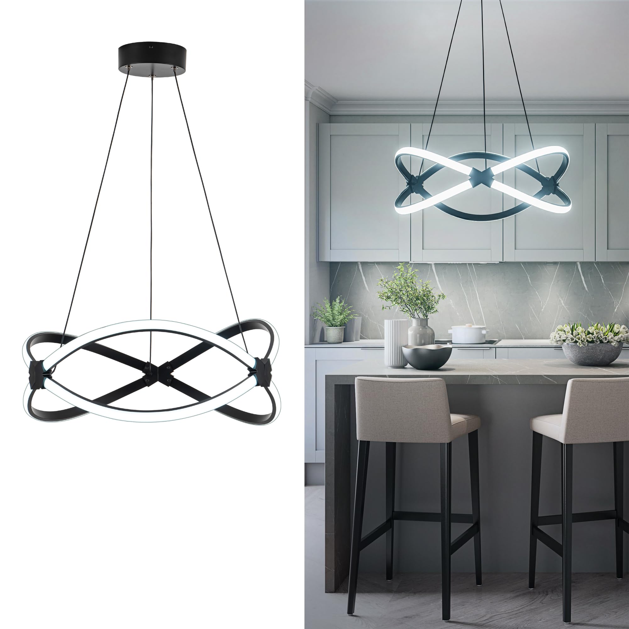 Modern LED Chandelier, Black Pendant Light, Adjustable Height Chandeliers with Circular Ring Shape, Modern Chandeliers for Dining Room Kitchen Island Living Room Bedroom, 6000K Daylight