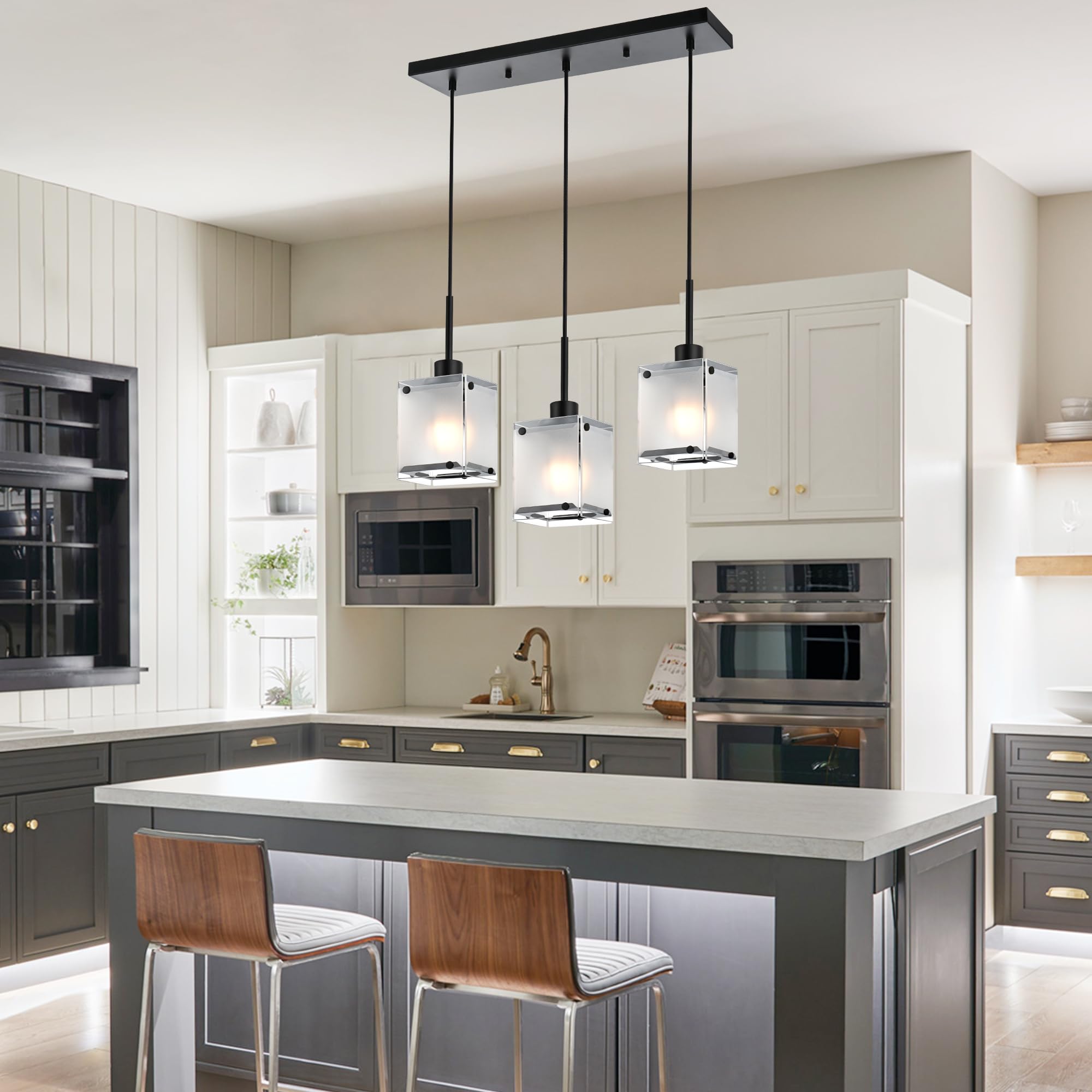 Black Pendant Lights Kitchen Island, 3-Light Dining Room Light Fixtures Hanging Contemporary Linear Chandeliers for Dining Room Hallway with Rectangular Frosted Glass Shade