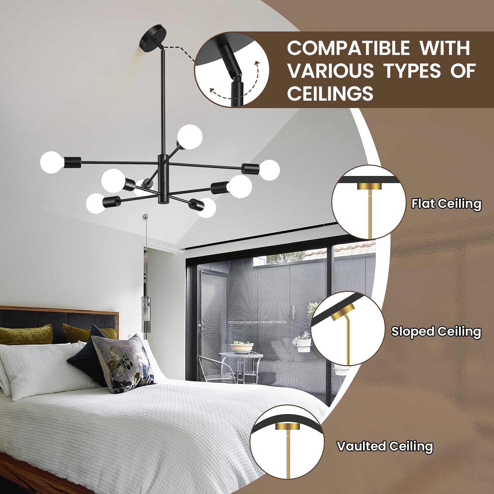 Sputnik Chandelier Modern Gold Chandelier 6-Light E26 Mid Century Ceiling Light Fixture Height Adjustable Hanging Pendant Lighting for Dining Room Kitchen Island Bedroom Office