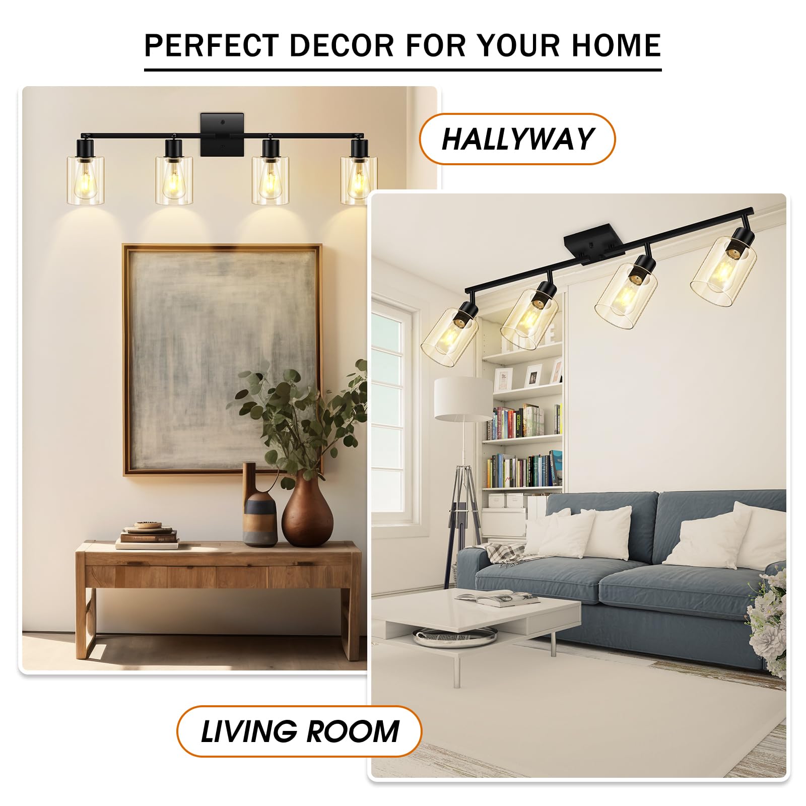 4-Light Track Lighting Fixtures with Clear Glass Shade, Modern Kitchen Lighting Fixtures Ceiling, Rotatable Track Head, Wall Mount Track Light for Bedside Vanity Hallway Bedroom, Matte Black