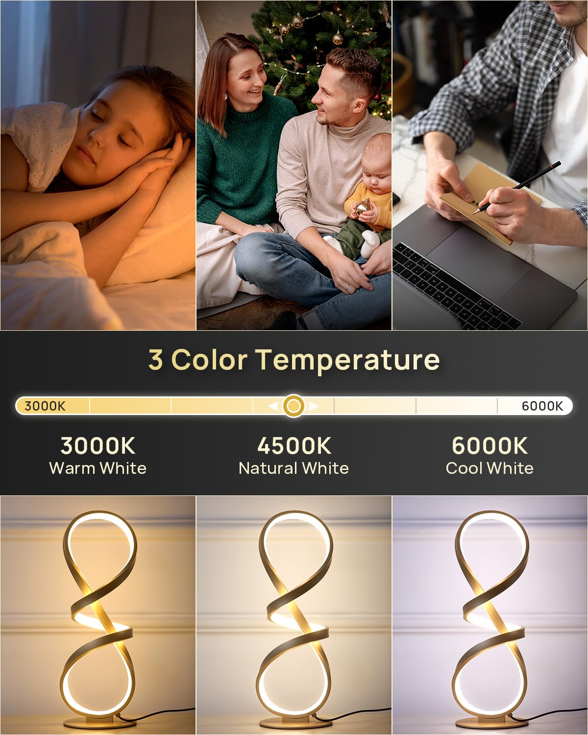 Modern Desk Lamp, LED Touch Dimmable Spiral Table Lamp, 3 Color Temperature Contemporary Nightstand Lamp, Unique Bedside Lamp for Living Room, Bedroom, Cool Lamps for Ideal Gift, Gold