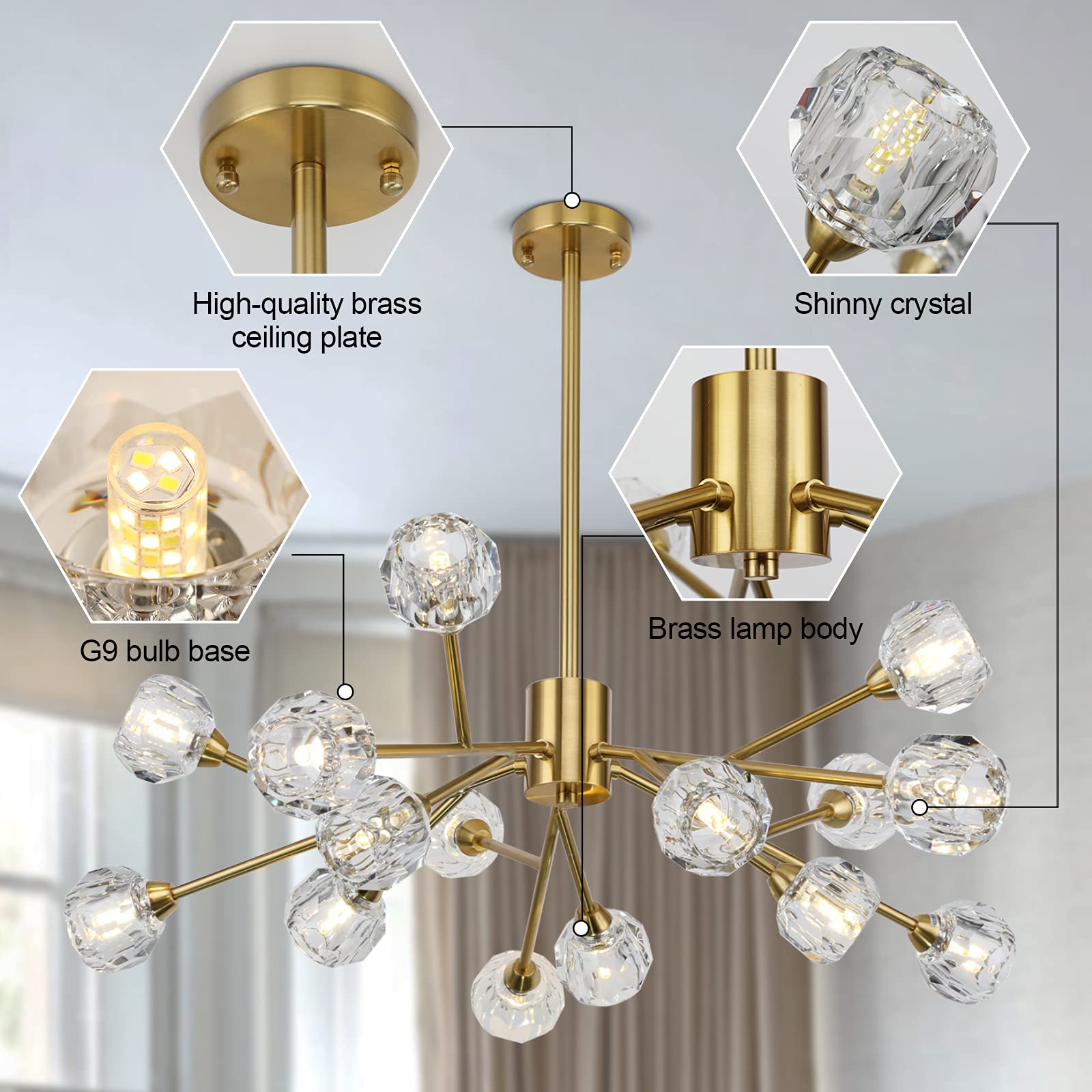 Sputnik Chandeliers for Dining Room Light Fixture, Modern Crystal Chandeliers, 9 Lights Gold Chandelier for Living Room Bedroom, Dining Room Chandelier Over Table, Kitchen Light Fixtures