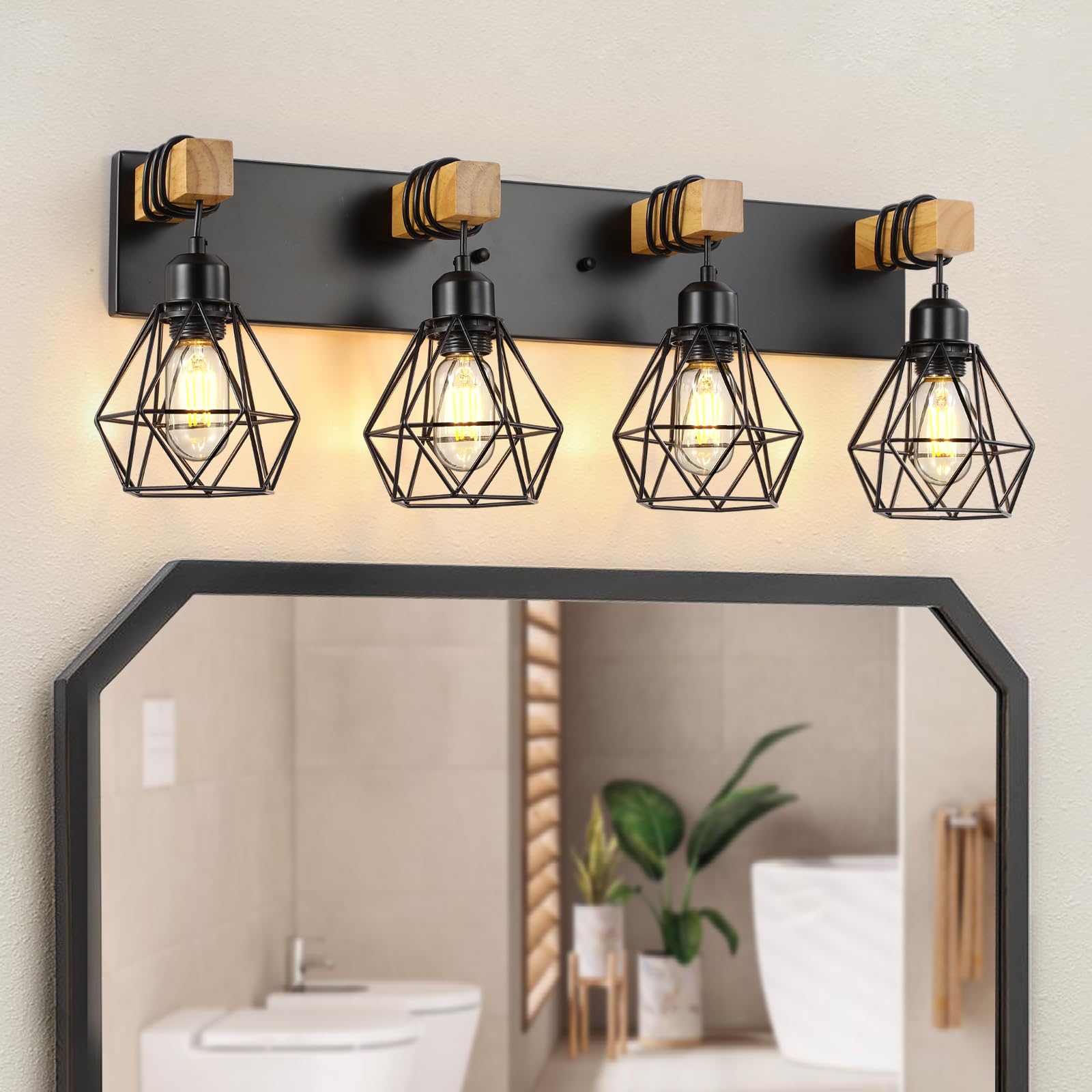 Farmhouse Bathroom Vanity Light Fixtures, 3-Light Wood Bathroom Light Fixtures Over Mirror, Rustic Sconces Wall Lighting with Elegant Metal Lampshade for Living Room, Bedroom, Hallway