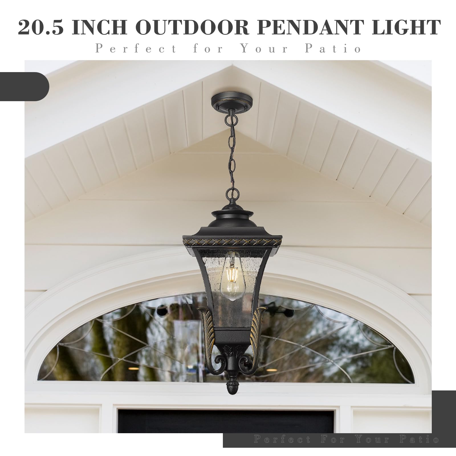 Farmhouse Outdoor Pendant Light for Porch, Outdoor Hanging Lamp for Patio Waterproof with Seeded Glass, Adjustable Height, XE291HM BG