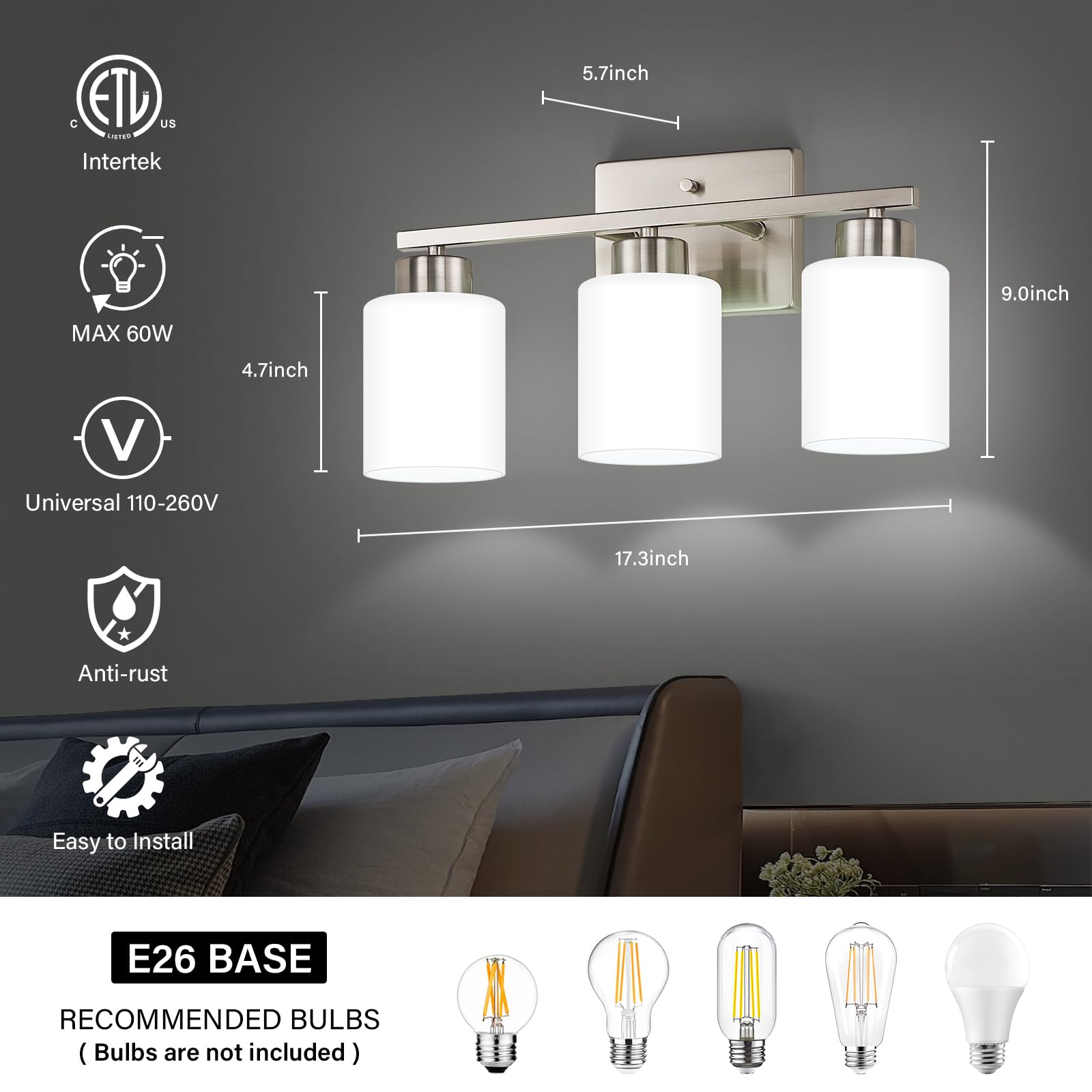 Brushed Nickel Bathroom Light Fixtures, 3-Light Modern Vanity Light Over Mirror, Wall Sconces with Milky White Frosted Glass Shades, E26 Socket (Bulbs Not Included)