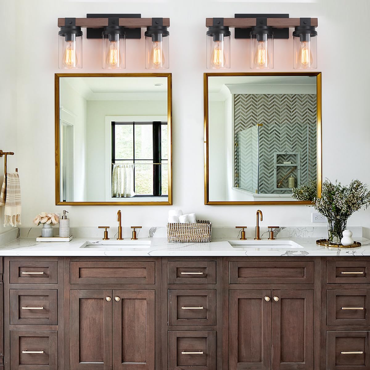 2-Light Farmhouse Vanity Lights for Bathroom, Rustic Bathroom Light Fixtures with Pretty Glass Shade, Black Industrial Wood Grain Wall Sconce for Bathroom Hallway Bedroom