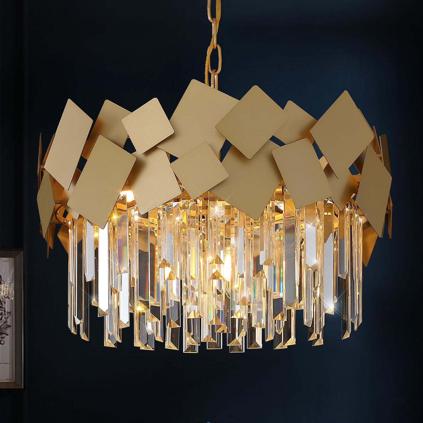 Gold Crystal Chandelier for Dining Room Modern 20" Drum Chandeliers K9 Round Ceiling Pendant Light Fixtures Luxury Semi Flush Mount Chandelier for Entry Living Room Bedroom