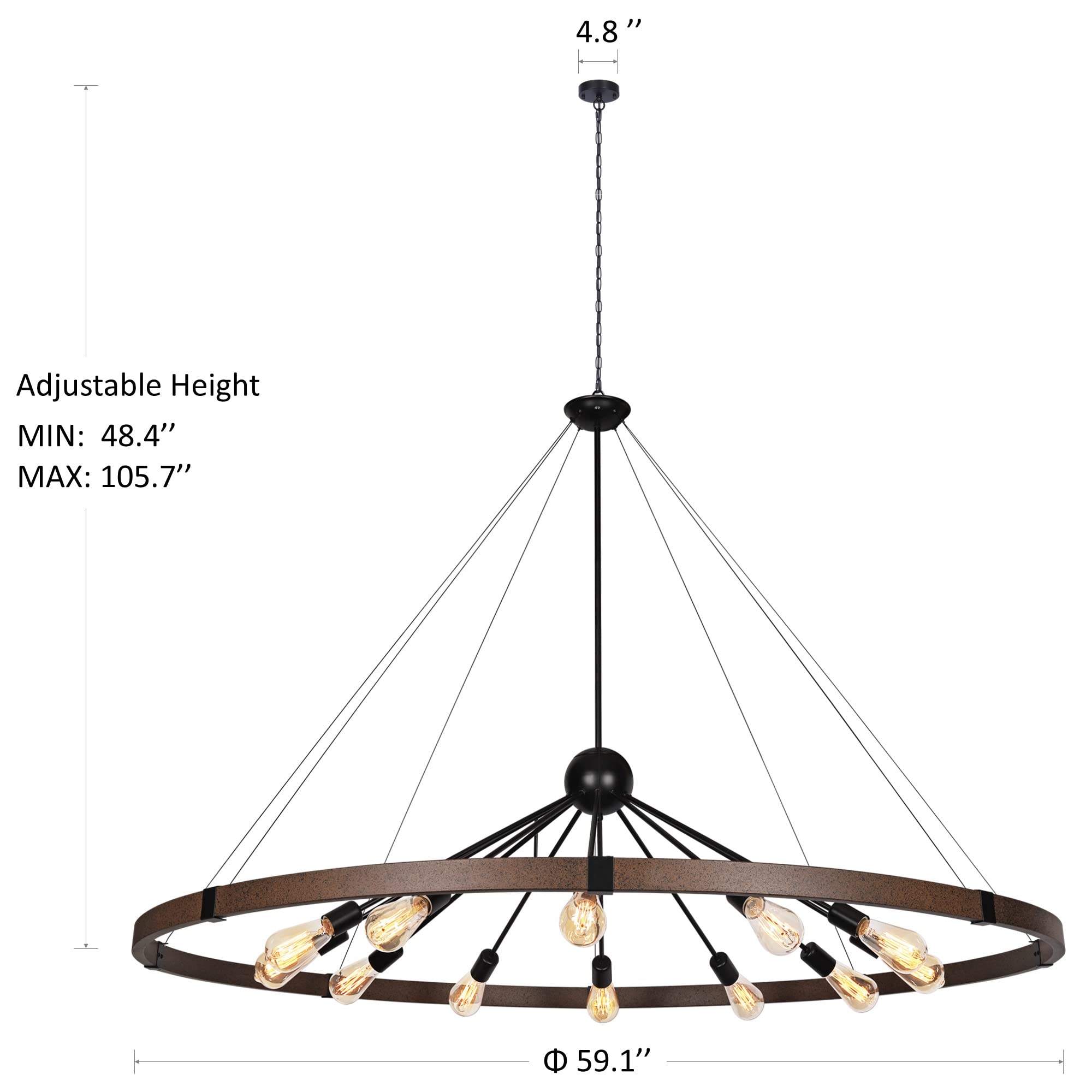 12-Light Extra Large Farmhouse Living Room Light Fixture Diam 59.1'', Industrial Wagon Wheel Chandelier for High Ceilings Dining Room Entryway Staircase, Vintage Iron Rust Finishe