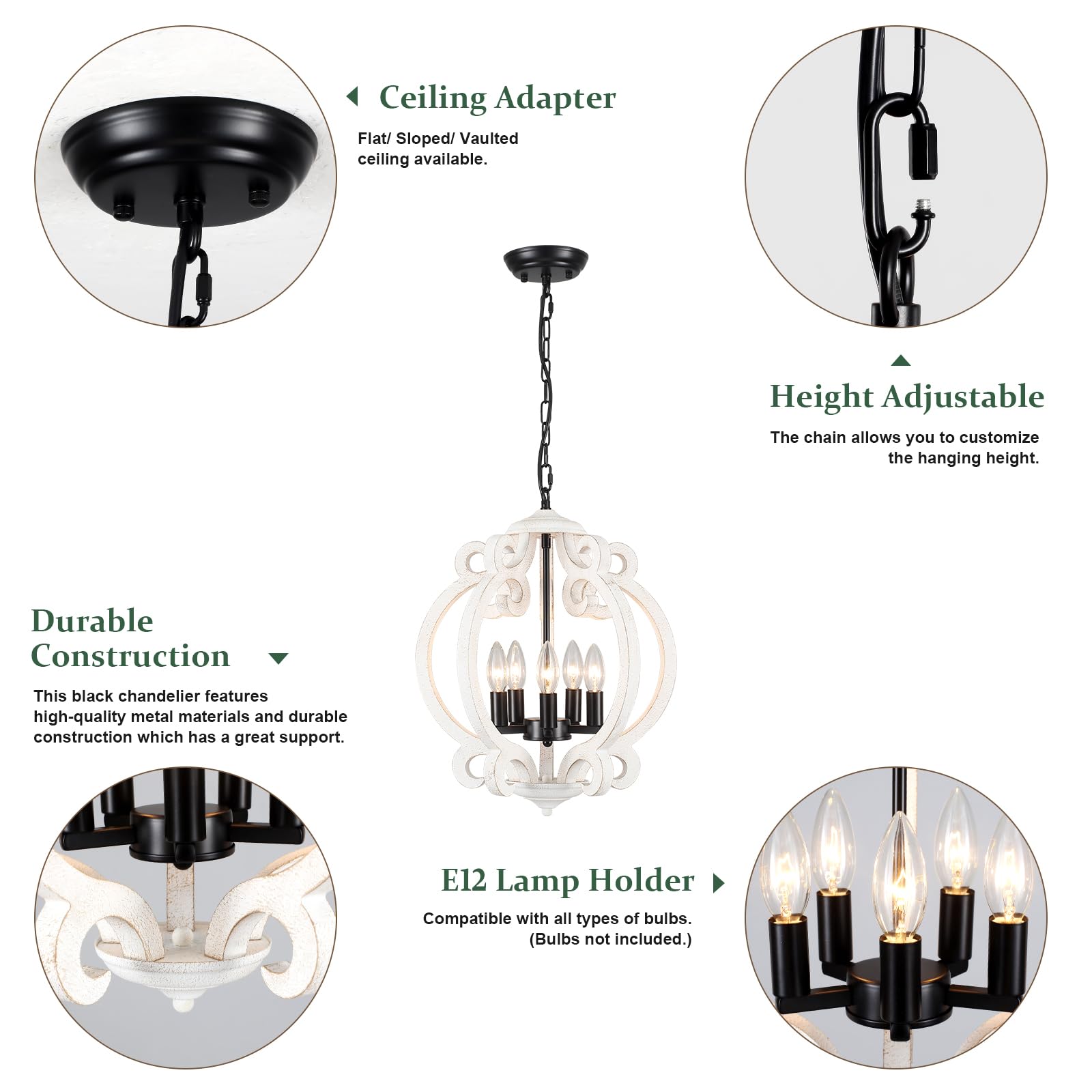 Wooden Chandeliers for Dining Room, 5 Lights Farmhouse Orb Chandeliers Antique White & Black French Country Chandelier for Living Room Kitchen Foyer